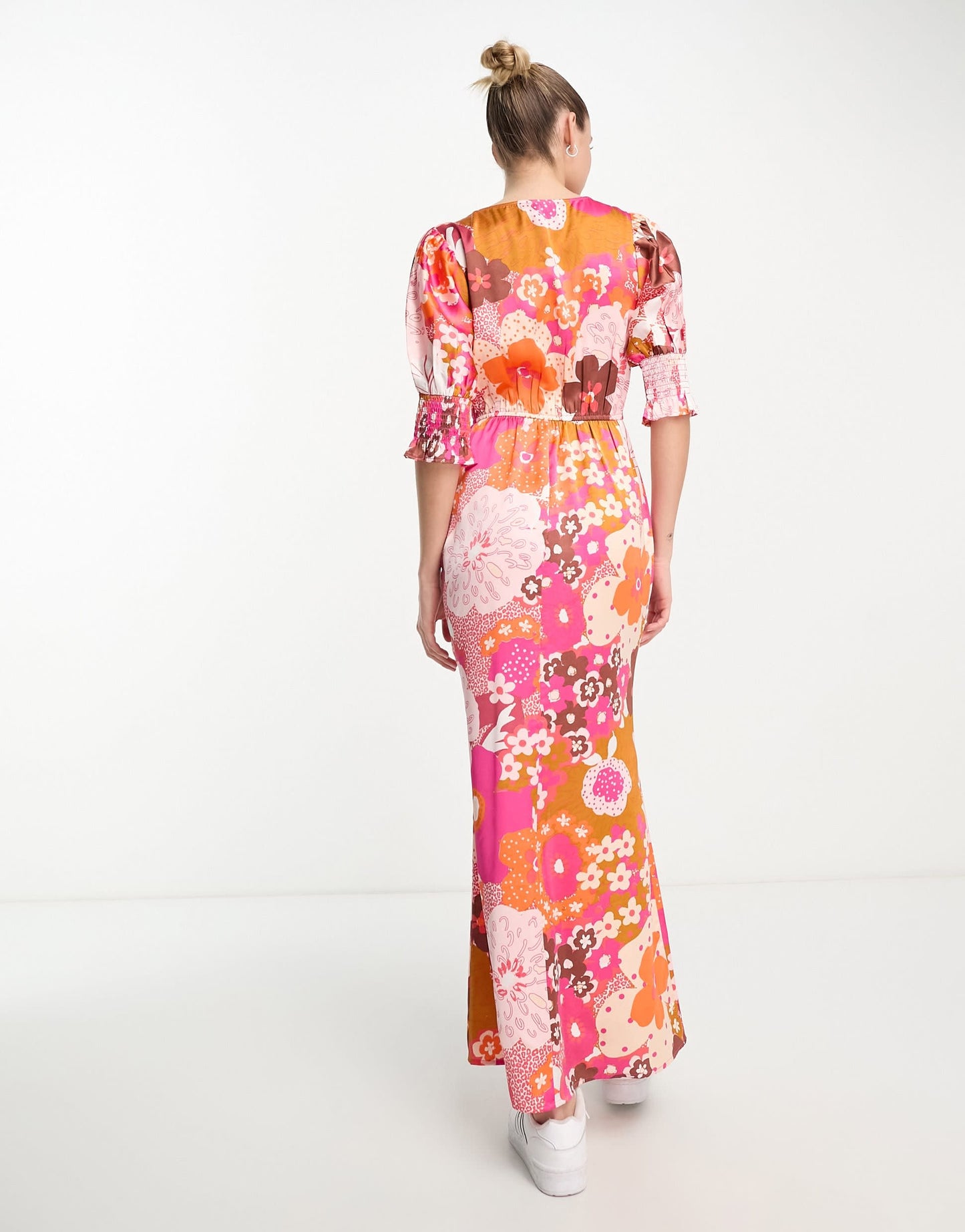 ASOS DESIGN Tall satin shirred cuff midi tea dress with tie front in floral print
