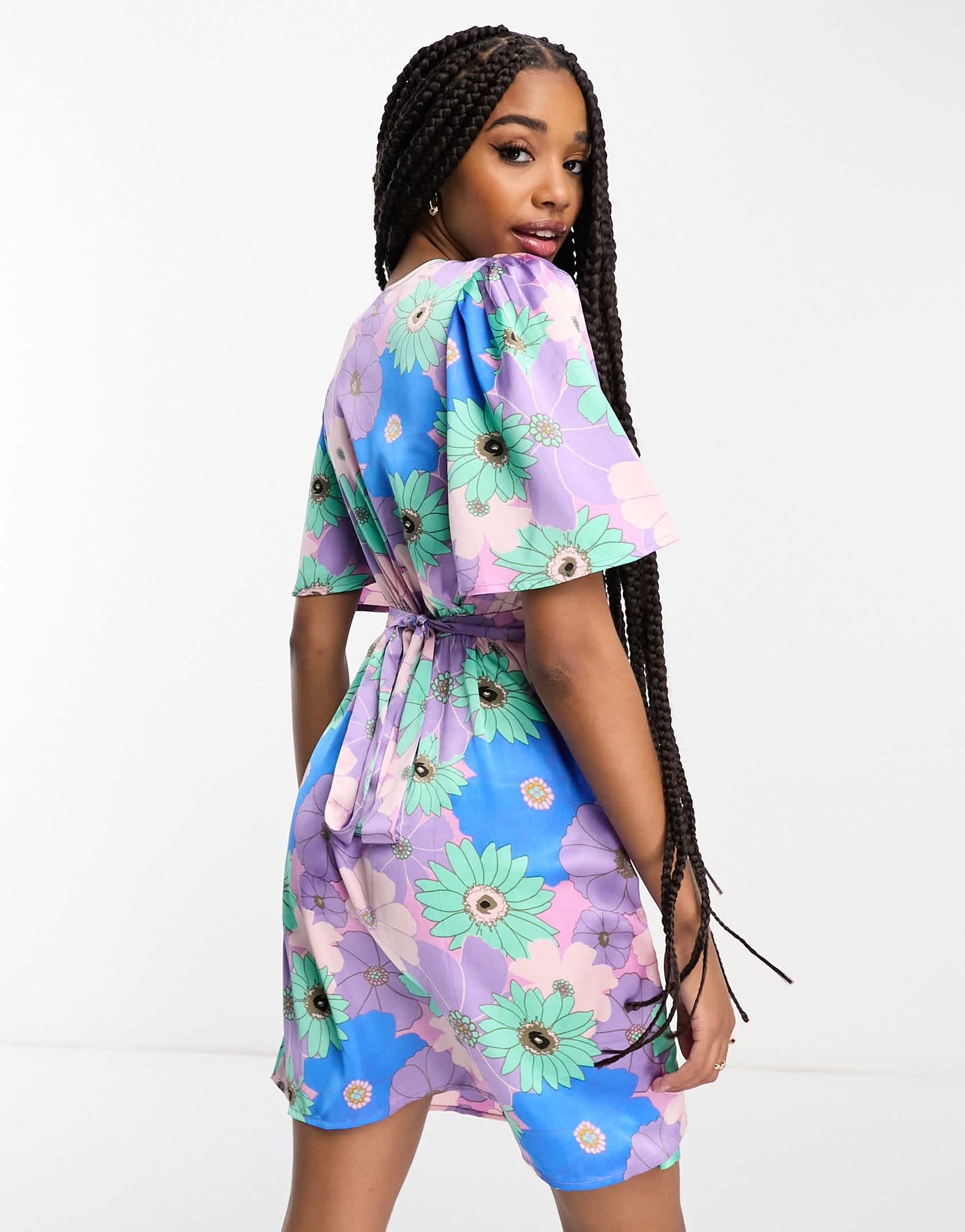 ASOS DESIGN Tall satin button through mini tea dress with flutter sleeve in retro floral print
