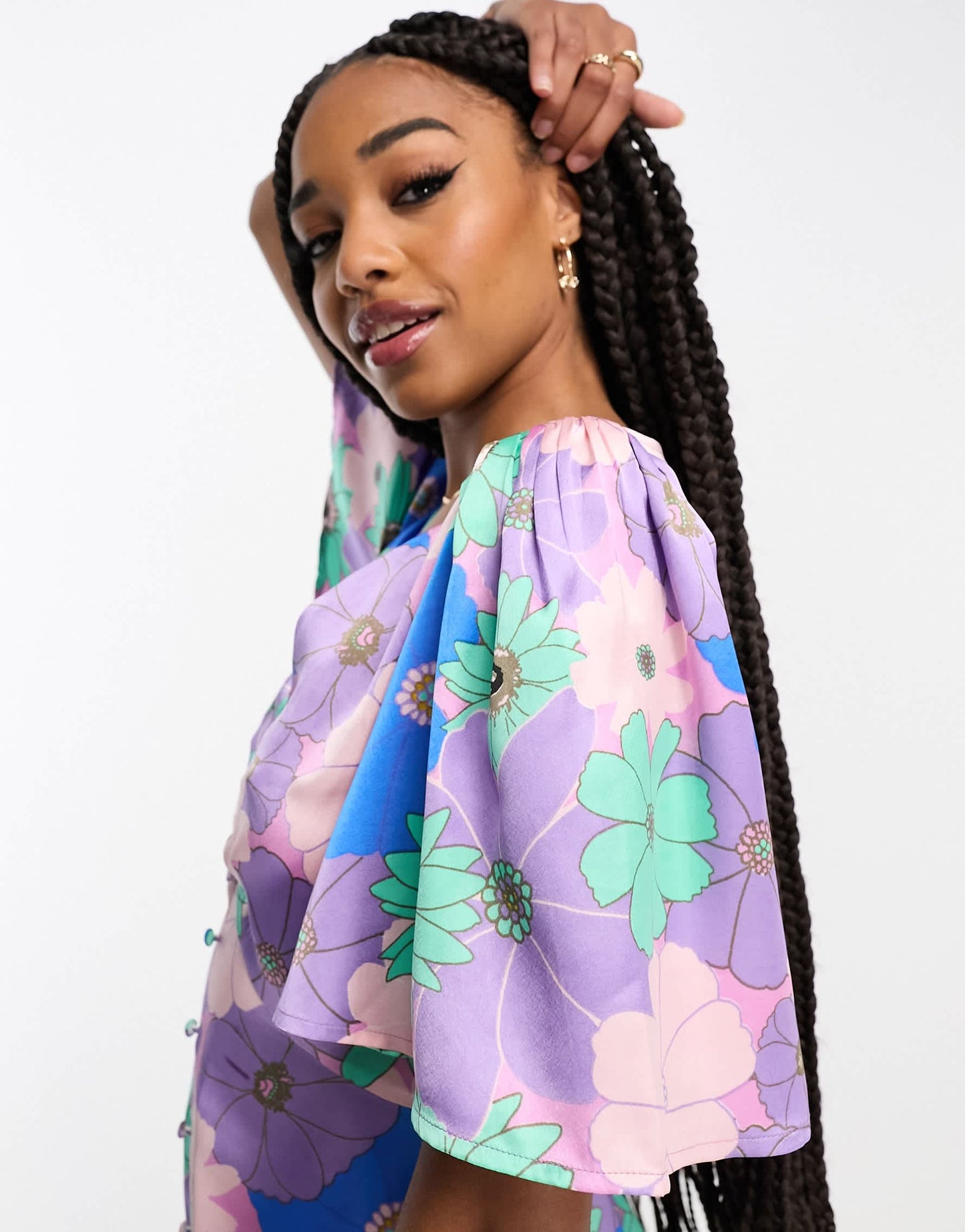 ASOS DESIGN Tall satin button through mini tea dress with flutter sleeve in retro floral print