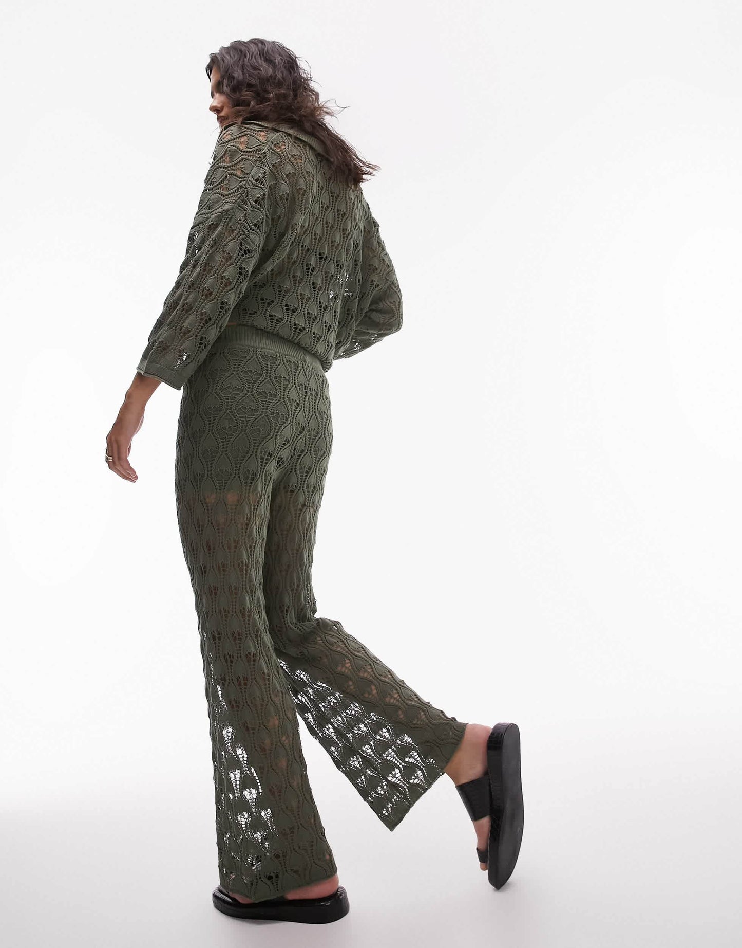 Topshop knitted co ord open stich trousers in green