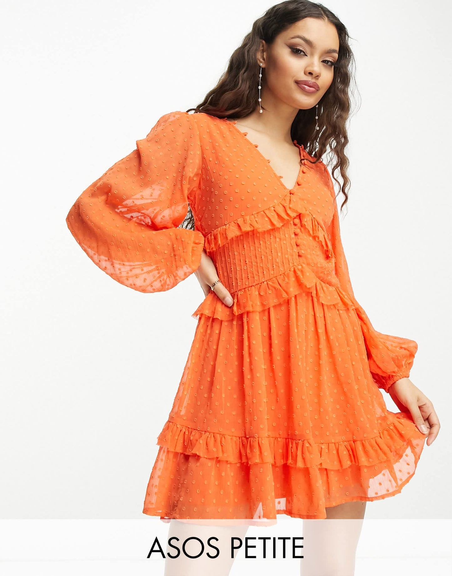 ASOS DESIGN Petite button through pintuck mini dobby dress in bright orange