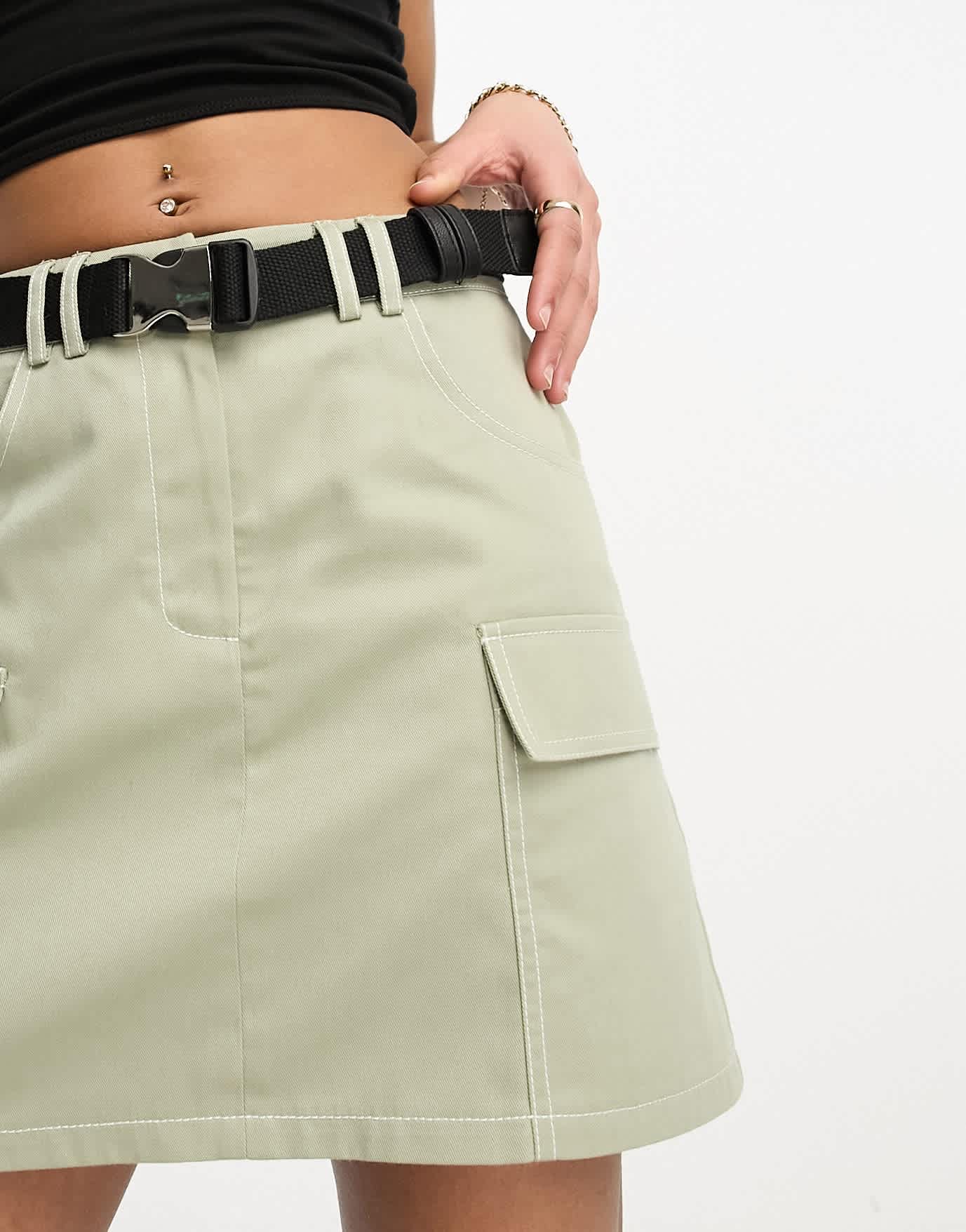 Miss Selfridge cargo utility pleated mini skirt contrast stiching and buckle belt co-ord in khaki