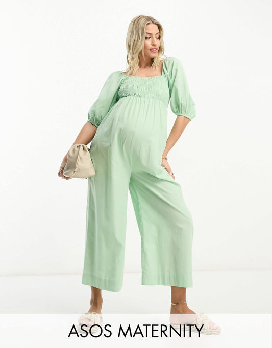 ASOS DESIGN Maternity linen look shirred puff sleeve jumpsuit in sage