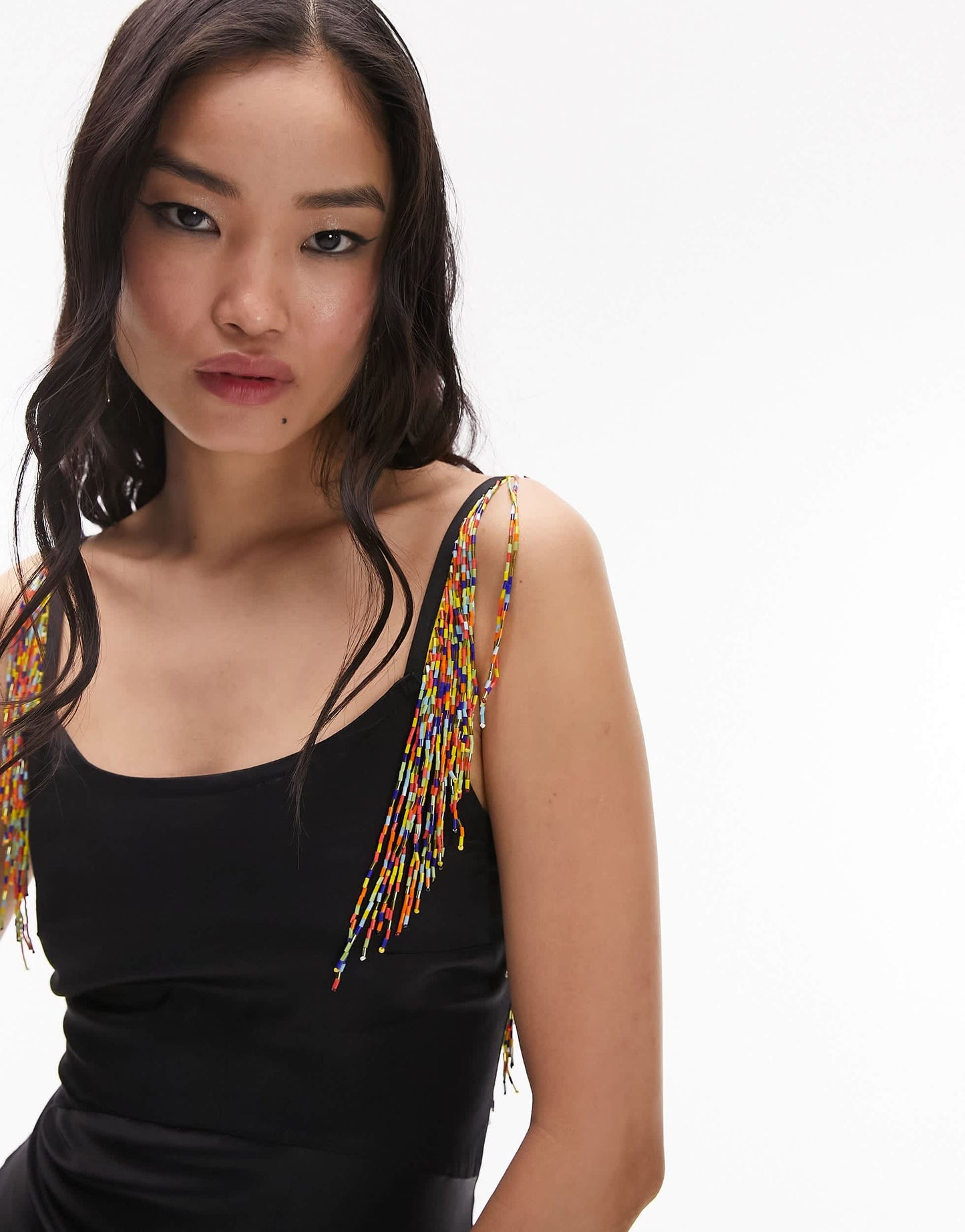 Topshop maxi dress with beaded fringing detail in black