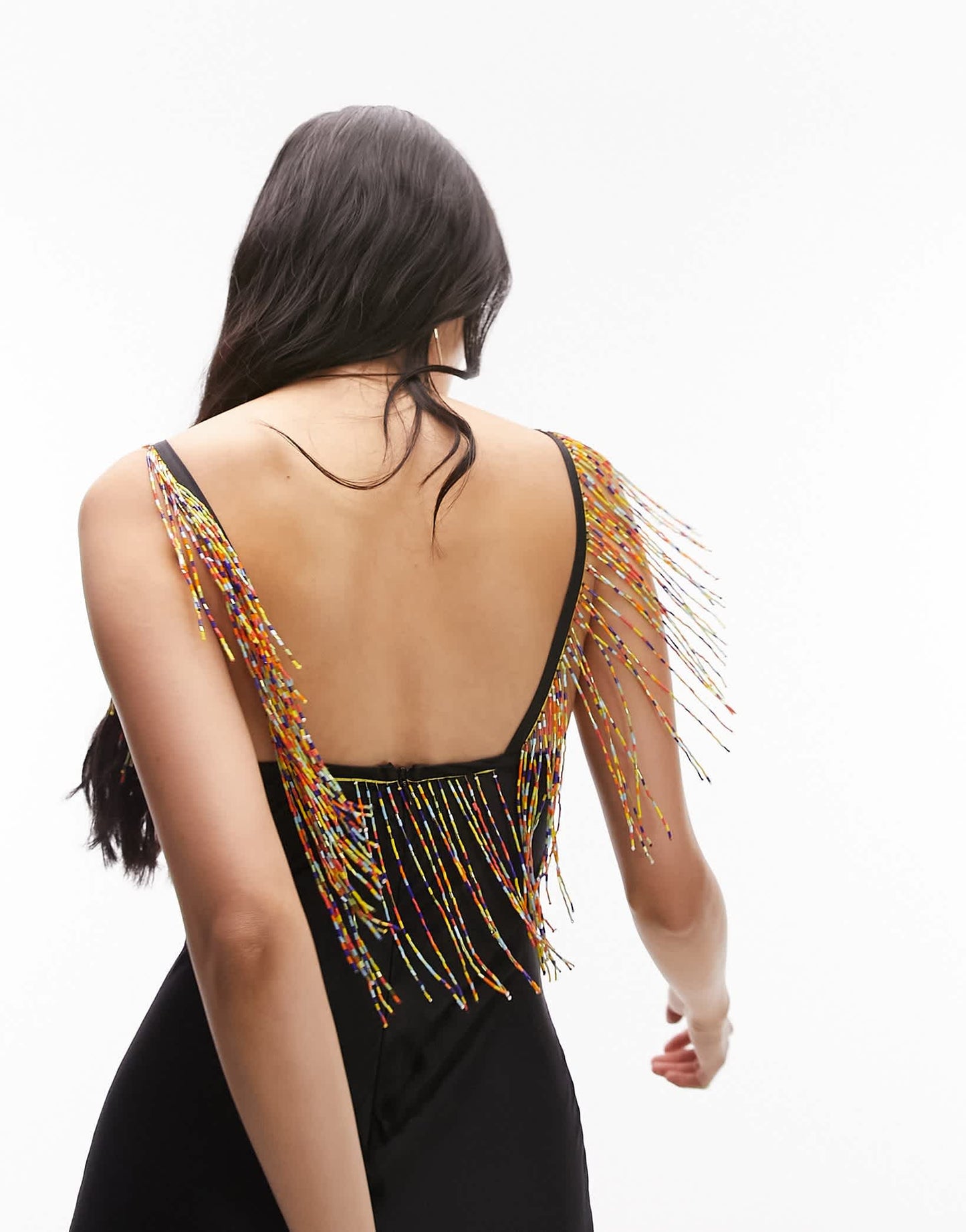 Topshop maxi dress with beaded fringing detail in black