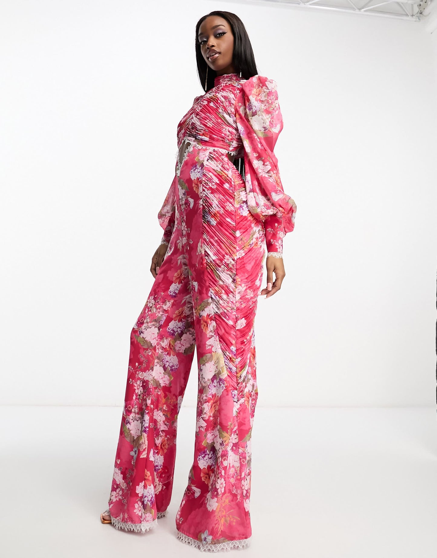 ASOS LUXE ruched chiffon jumpsuit with blouson sleeve and lace detail in floral print