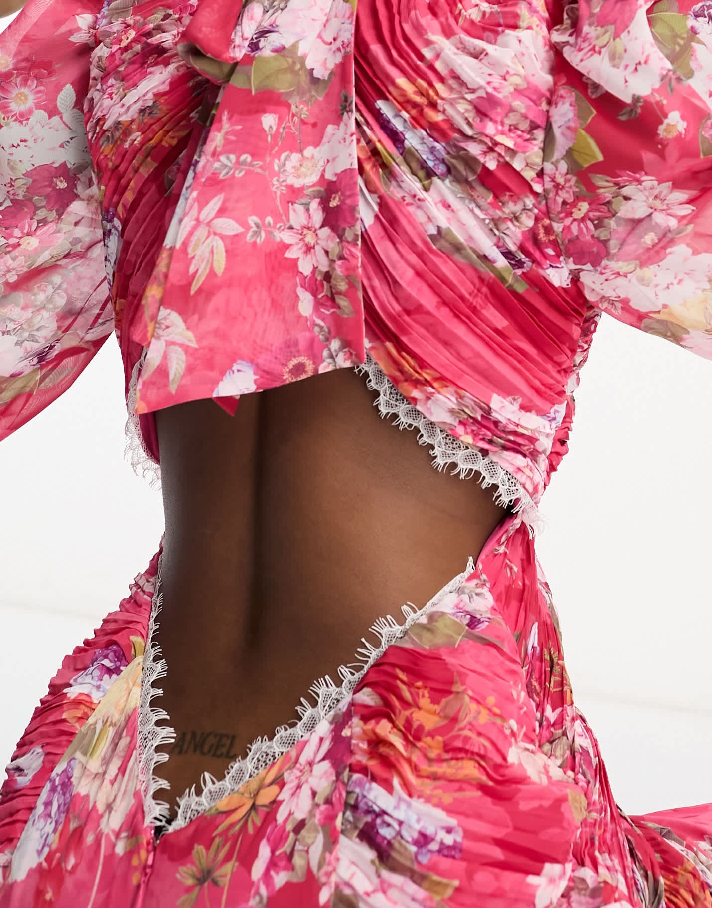 ASOS LUXE ruched chiffon jumpsuit with blouson sleeve and lace detail in floral print