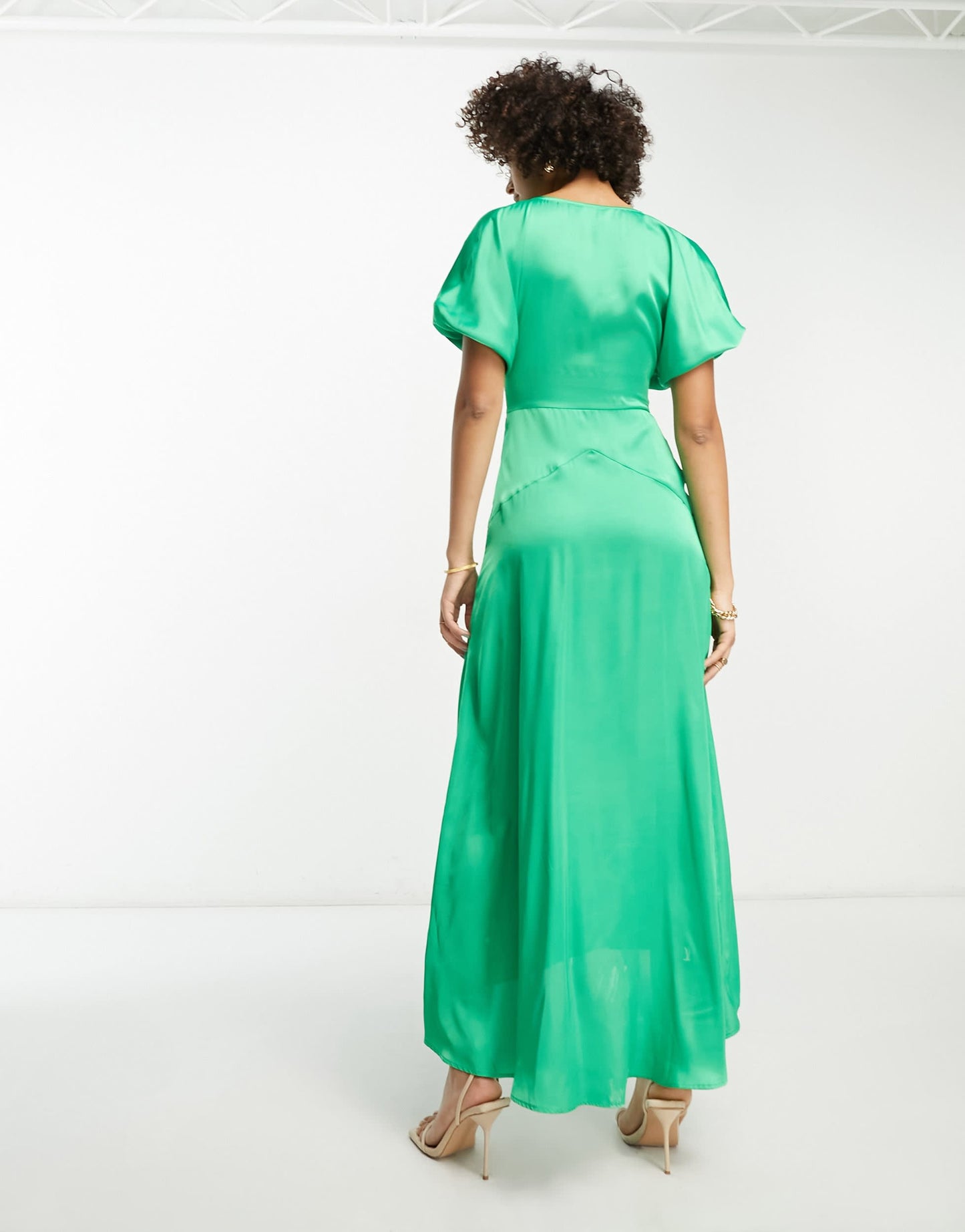 ASOS DESIGN Tall high low hem satin batwing midi dress with button through detail in emerald green