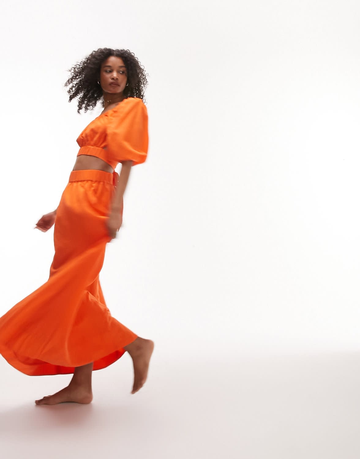 Topshop linen puff sleeve top in orange