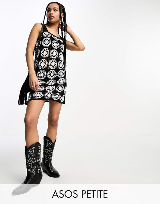 ASOS DESIGN Petite crochet patch mini dress in mono