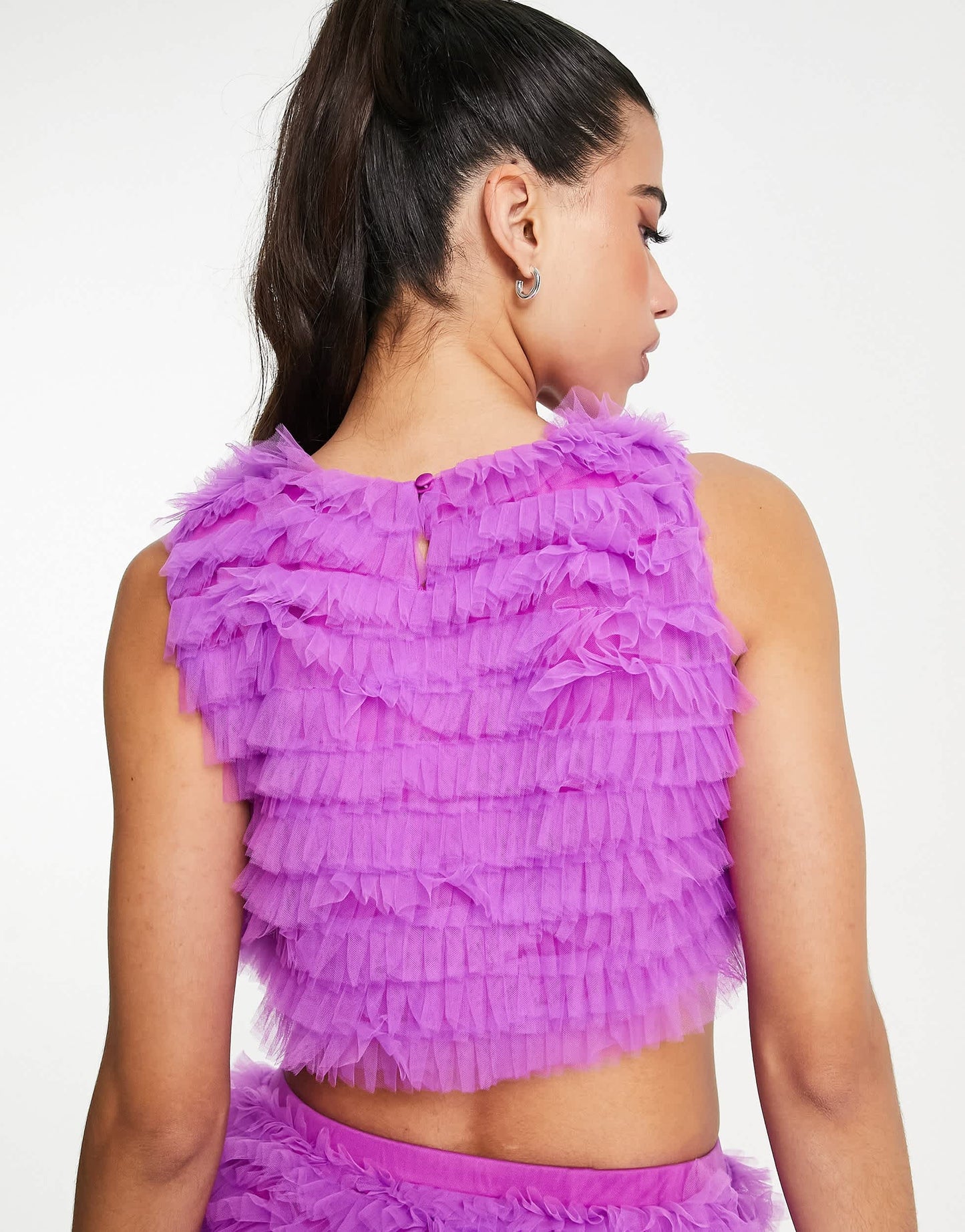 Jaded Rose sleeveless crop top in purple ruffle mesh co-ord