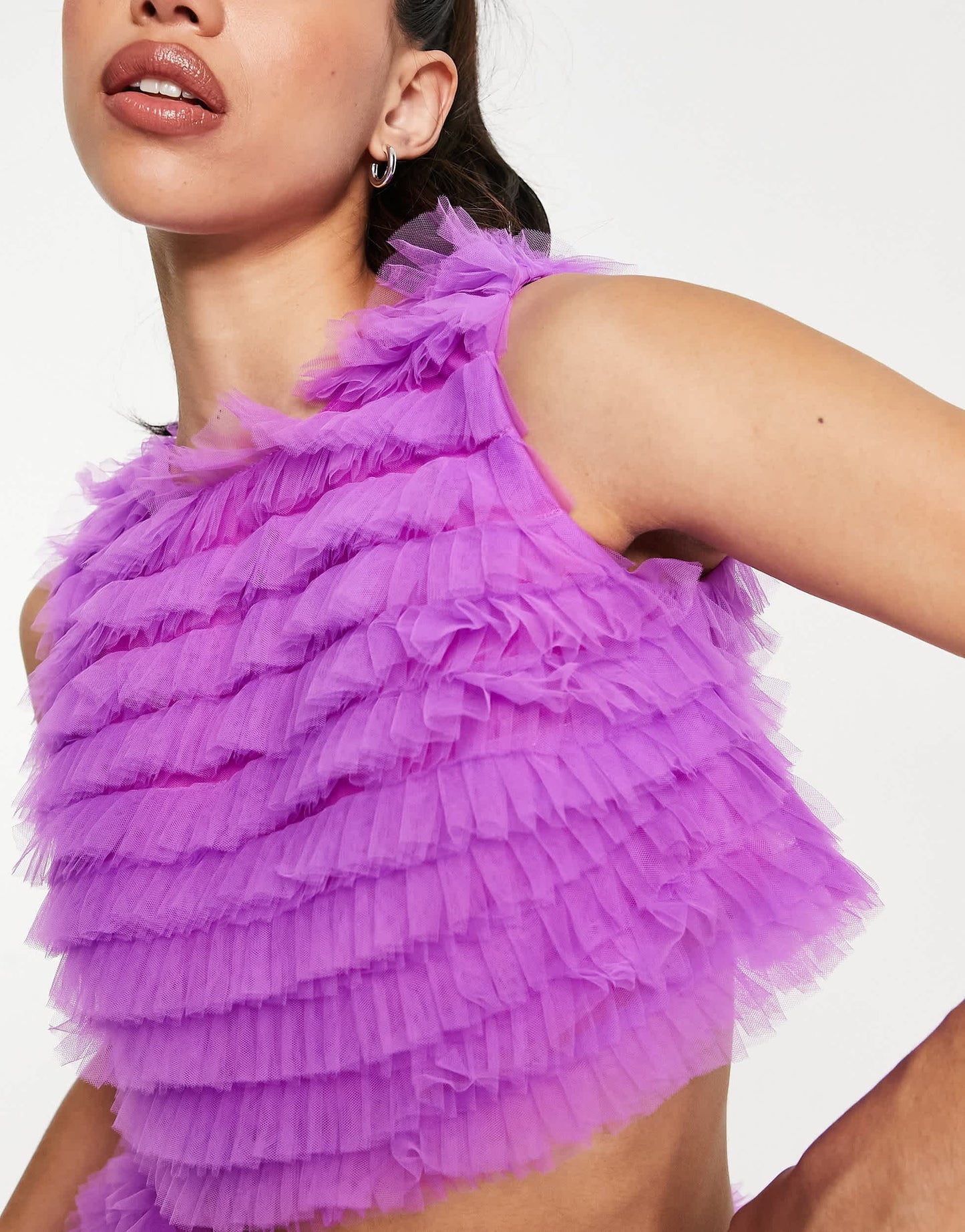 Jaded Rose sleeveless crop top in purple ruffle mesh co-ord