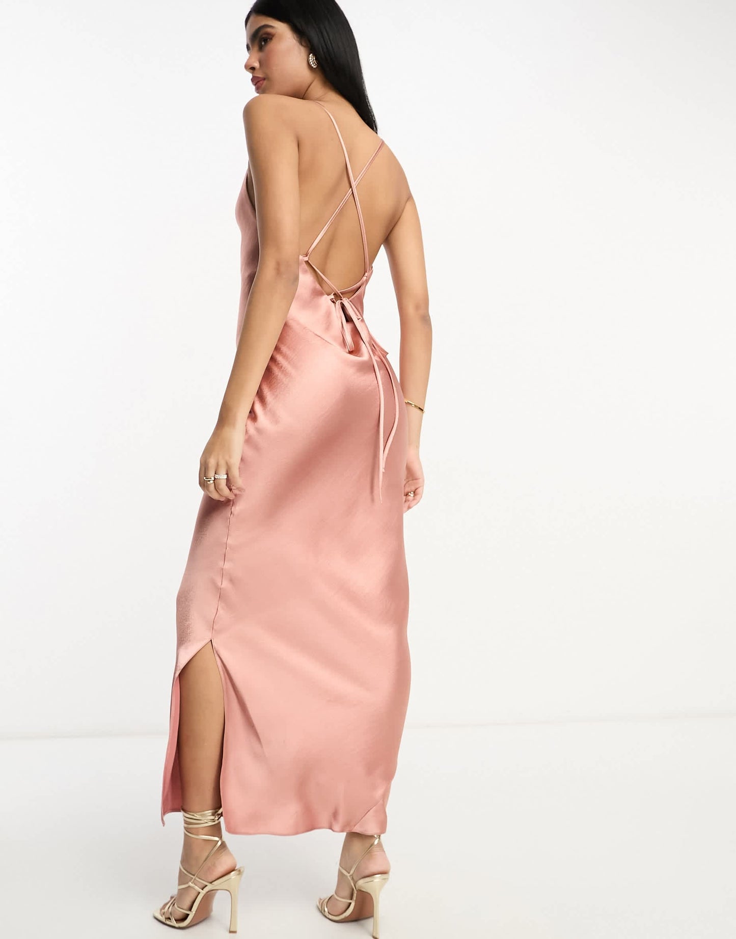 ASOS DESIGN Bridesmaid cami maxi slip dress in high shine satin with lace up back in mocha