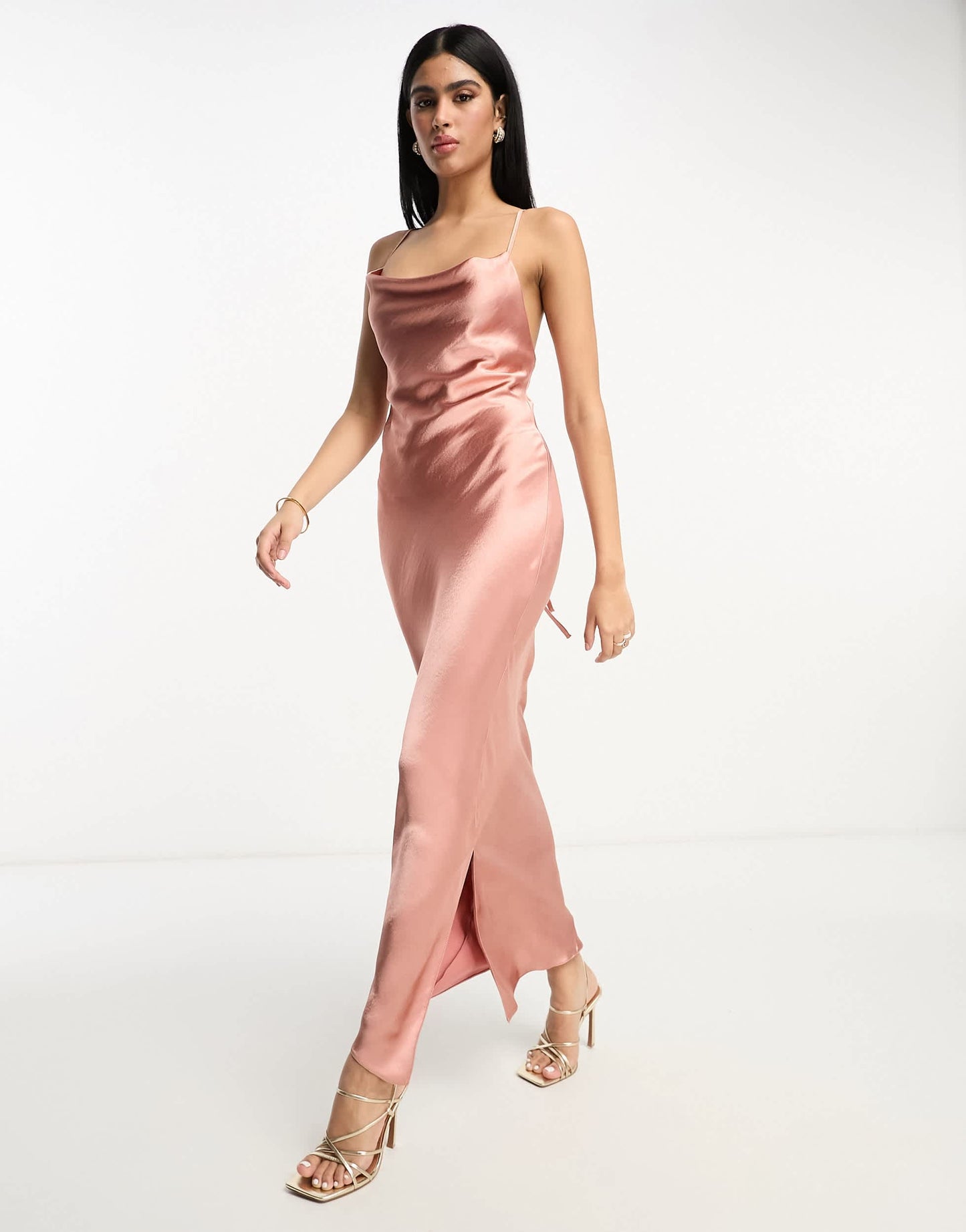ASOS DESIGN Bridesmaid cami maxi slip dress in high shine satin with lace up back in mocha