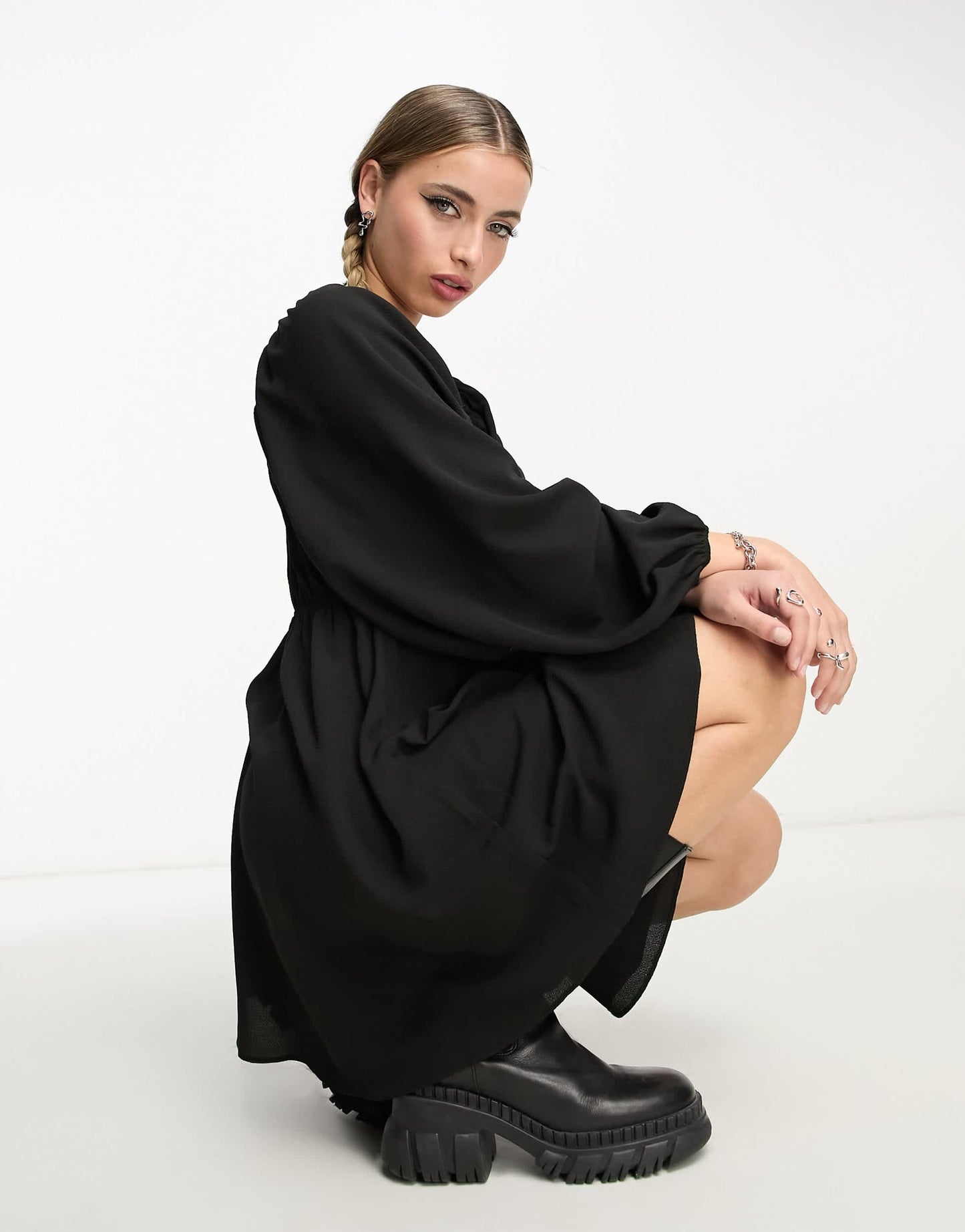 ASOS DESIGN babydoll open back mini skater dress with godets in black