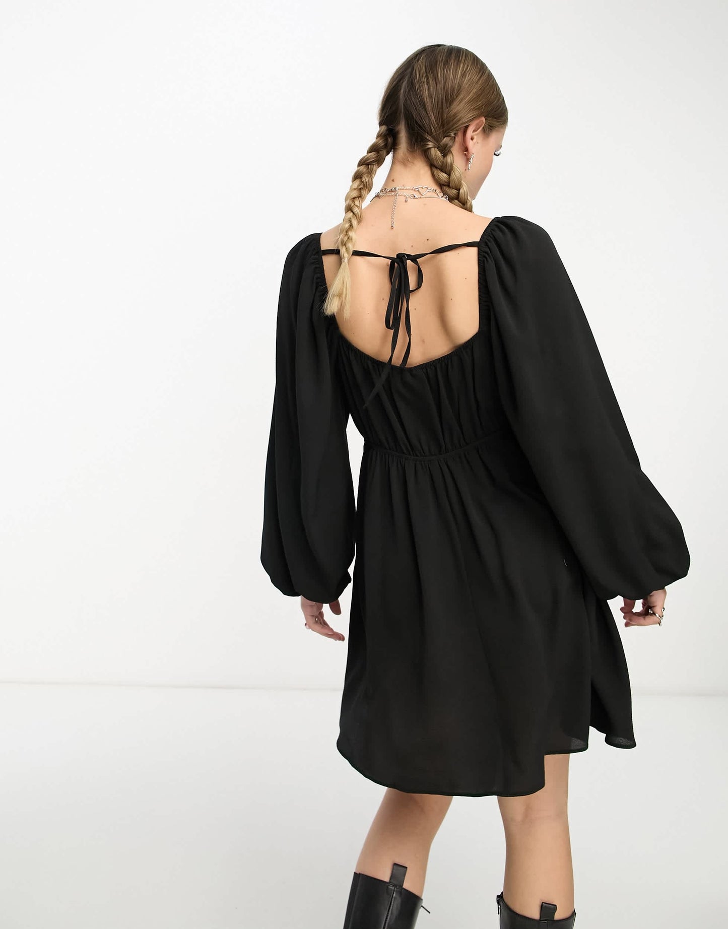 ASOS DESIGN babydoll open back mini skater dress with godets in black