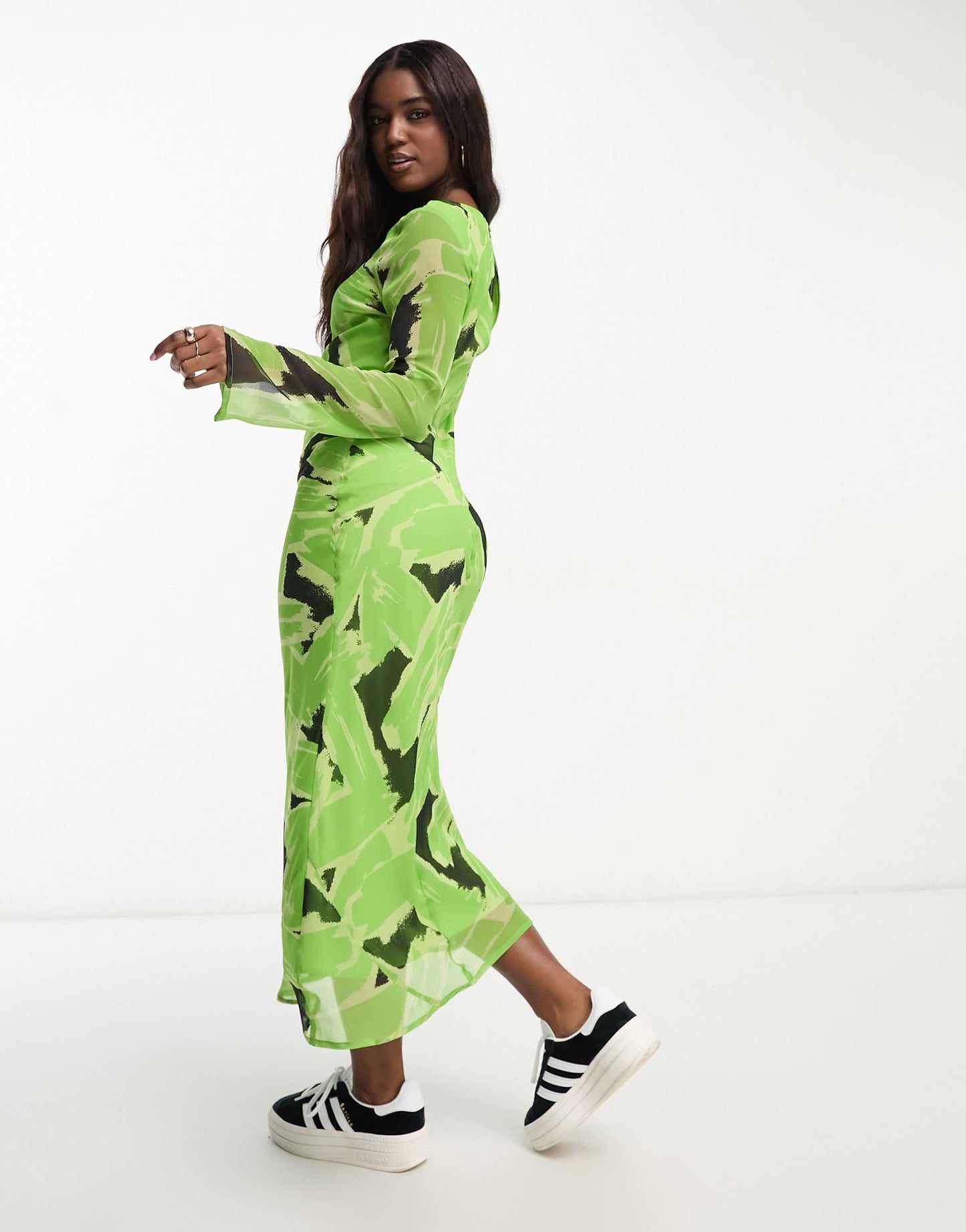 ASOS DESIGN chiffon long sleeve midi dress in green abstract print