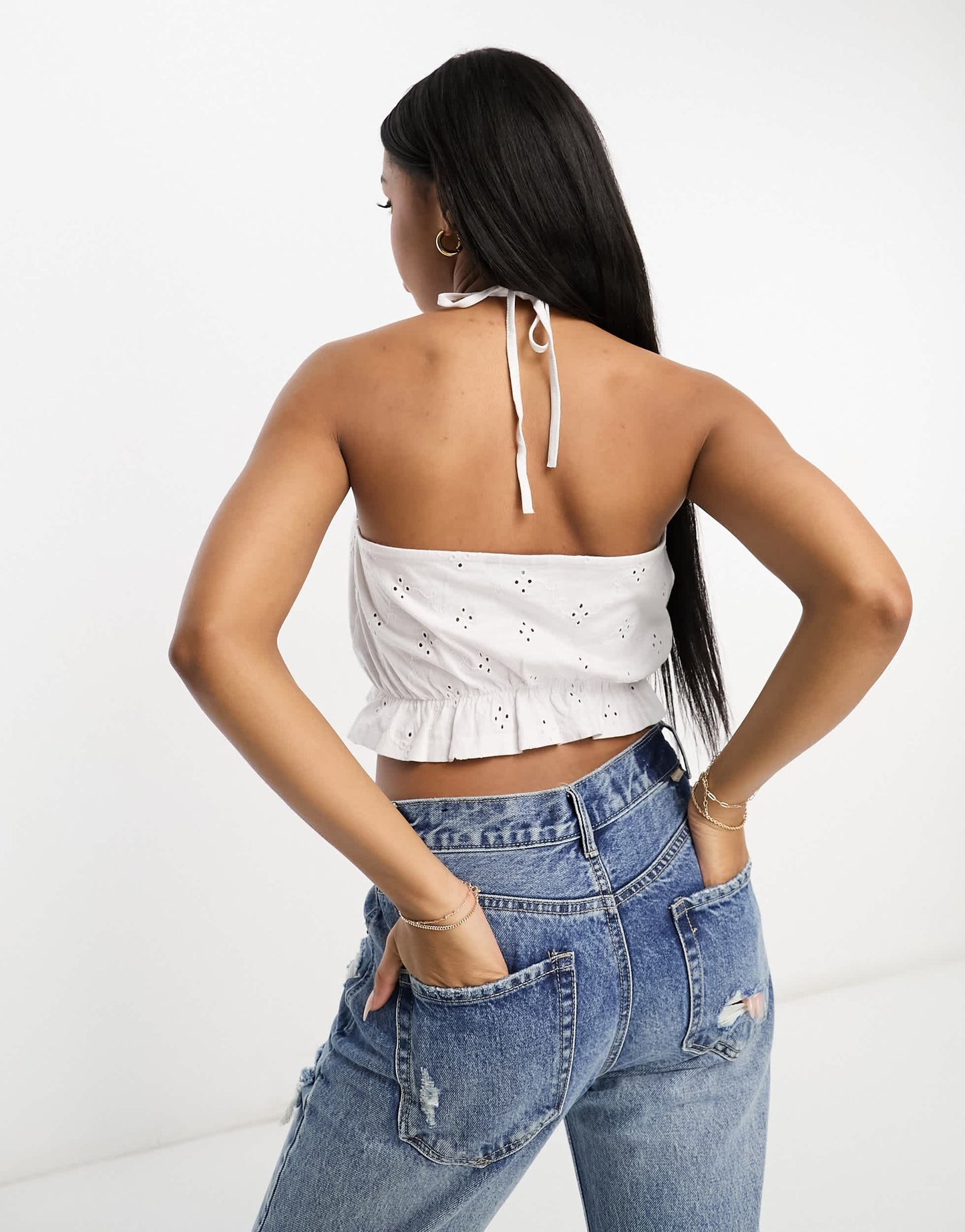 ASOS DESIGN broderie halter neck cropped top in white