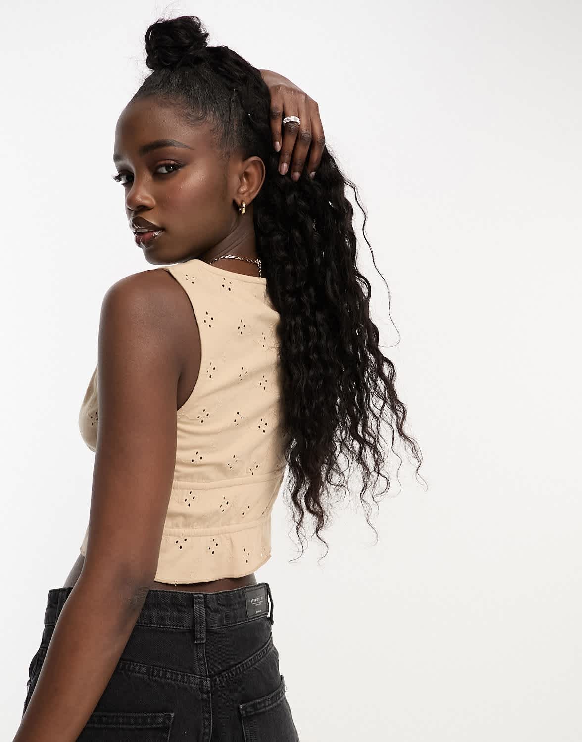 ASOS DESIGN broderie tie front top in stone
