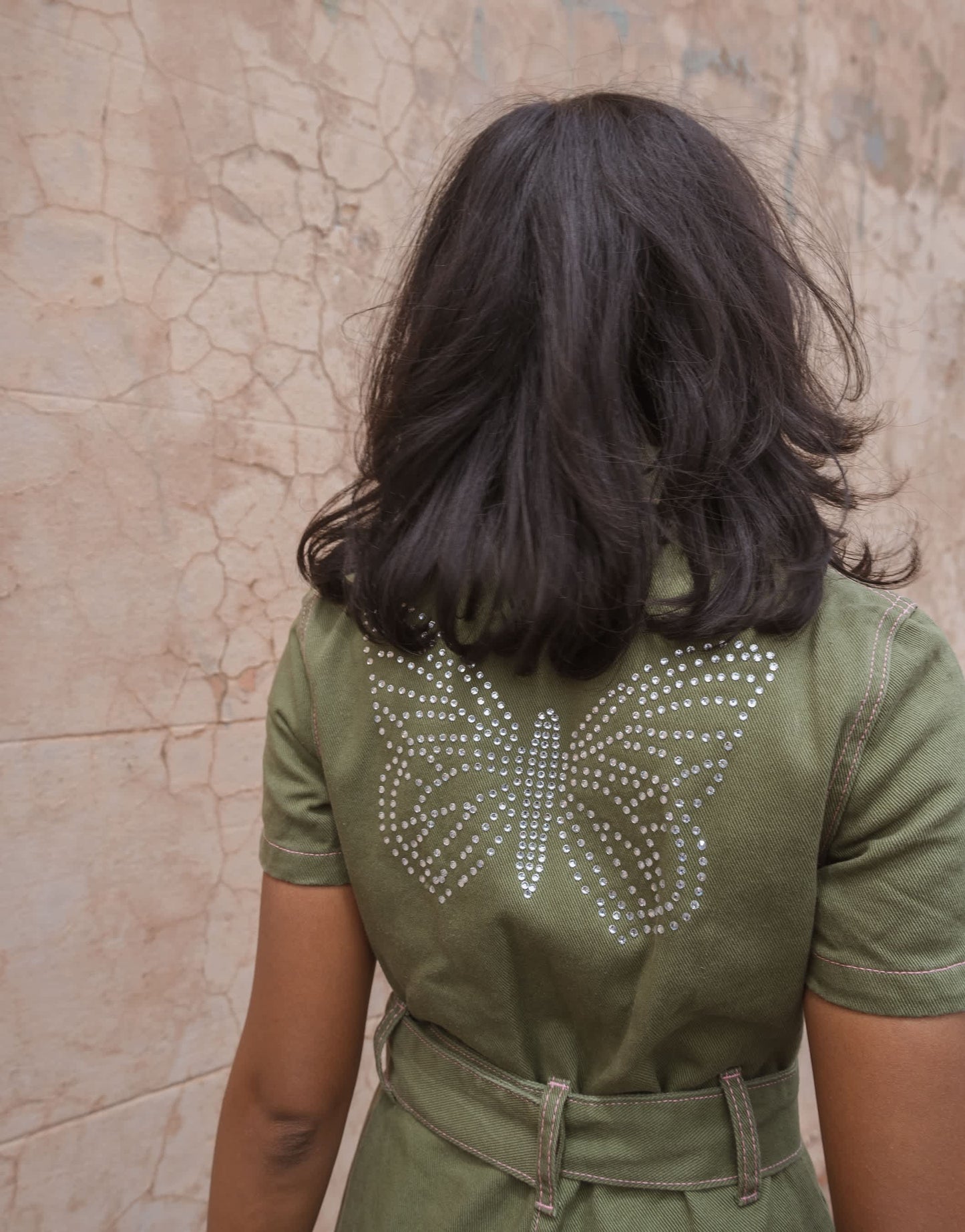 Labelrail x Pose and Repeat belted boiler suit in forest green with pink contrast stitch