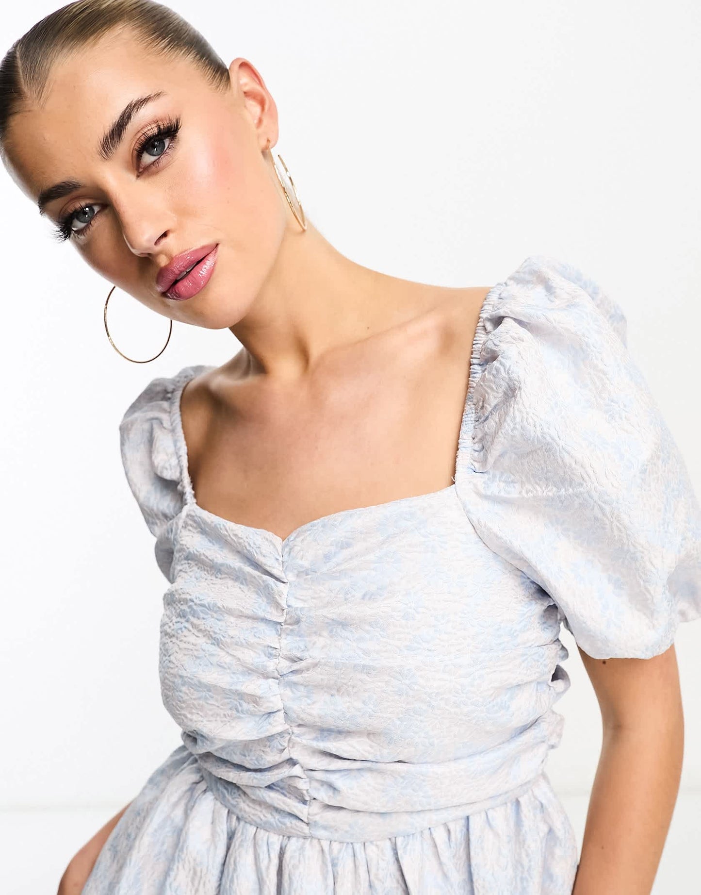 Collective the Label exclusive puff sleeve jacquard maxi dress in blue daisy