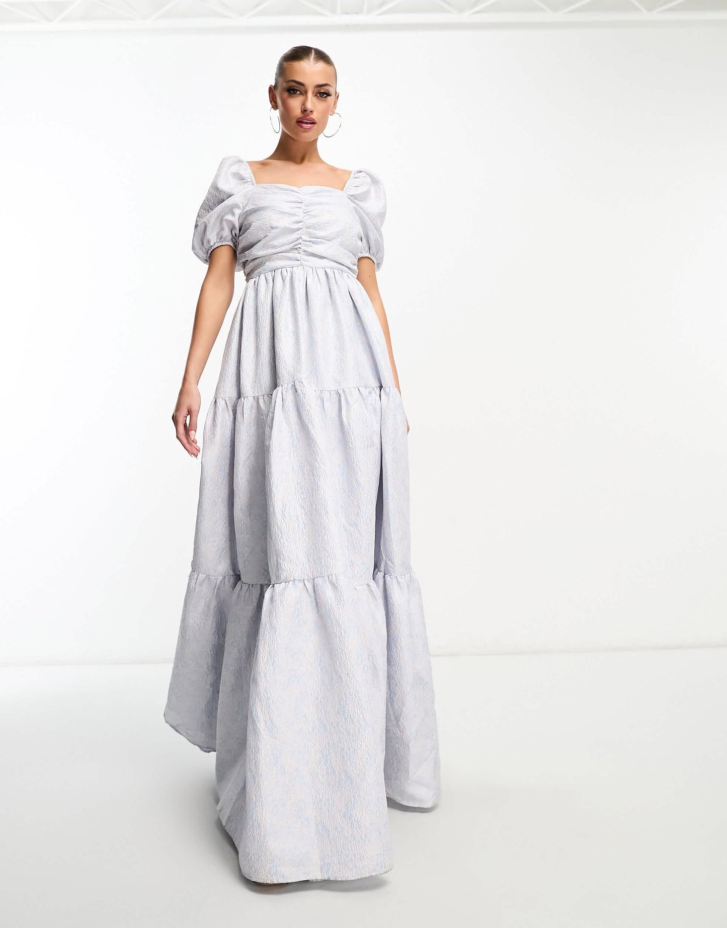 Collective the Label exclusive puff sleeve jacquard maxi dress in blue daisy
