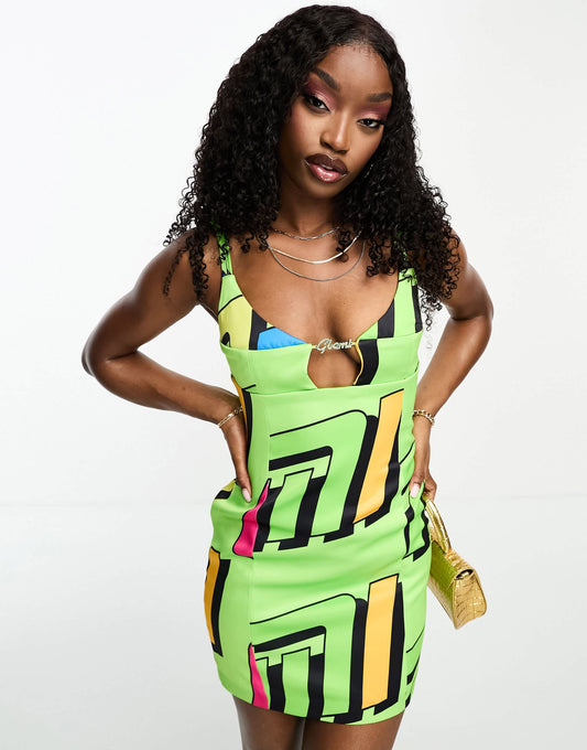 Gbemi satin cut out logo detail mini dress in green logo print