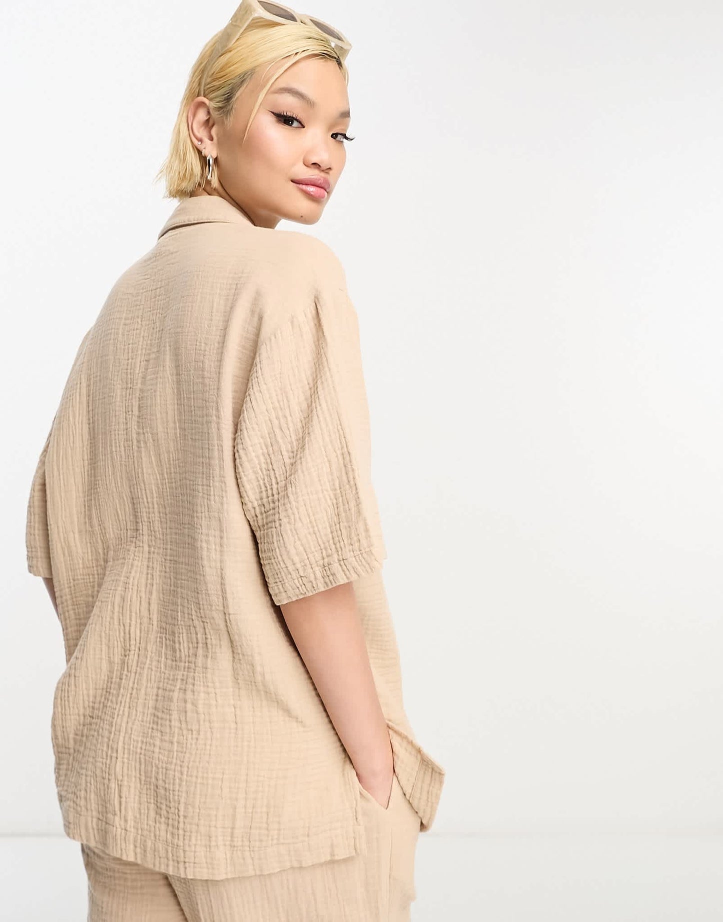 ASOS DESIGN cheesecloth bowling shirt in stone co-ord