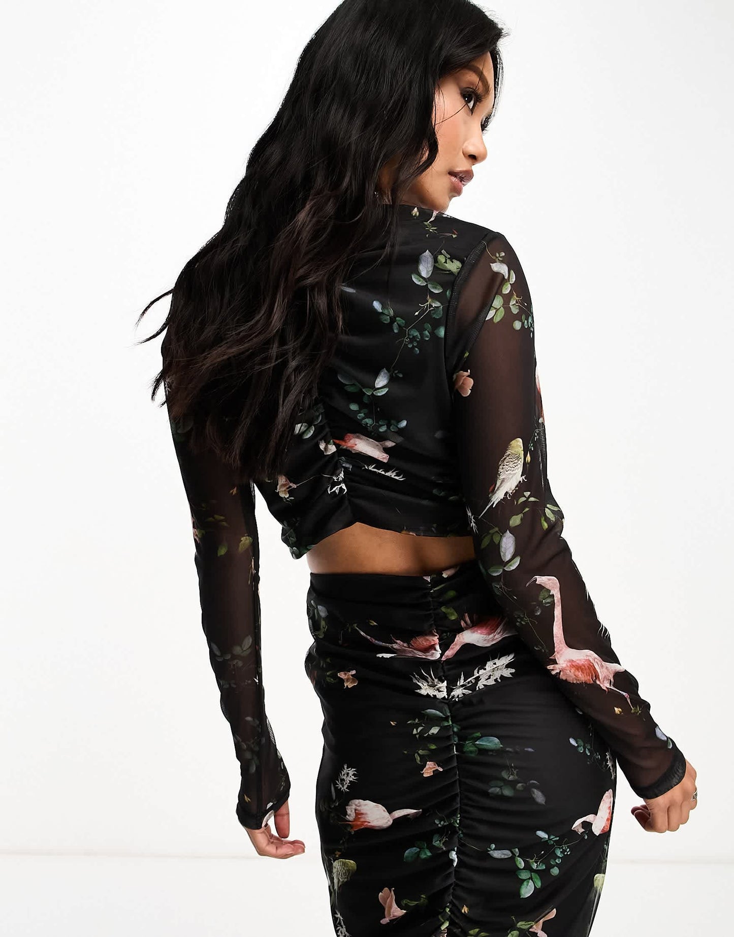 AllSaints Tessa co-ord printed mesh crop top in black