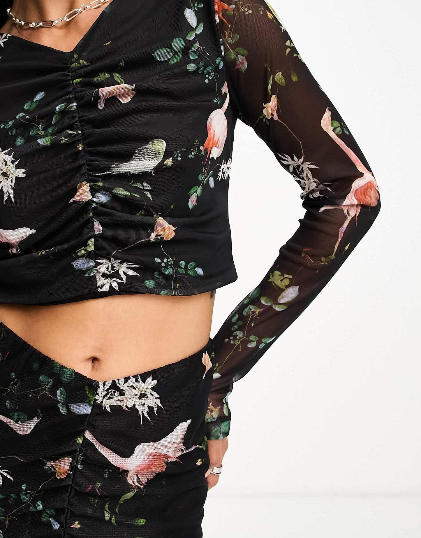 AllSaints Tessa co-ord printed mesh crop top in black