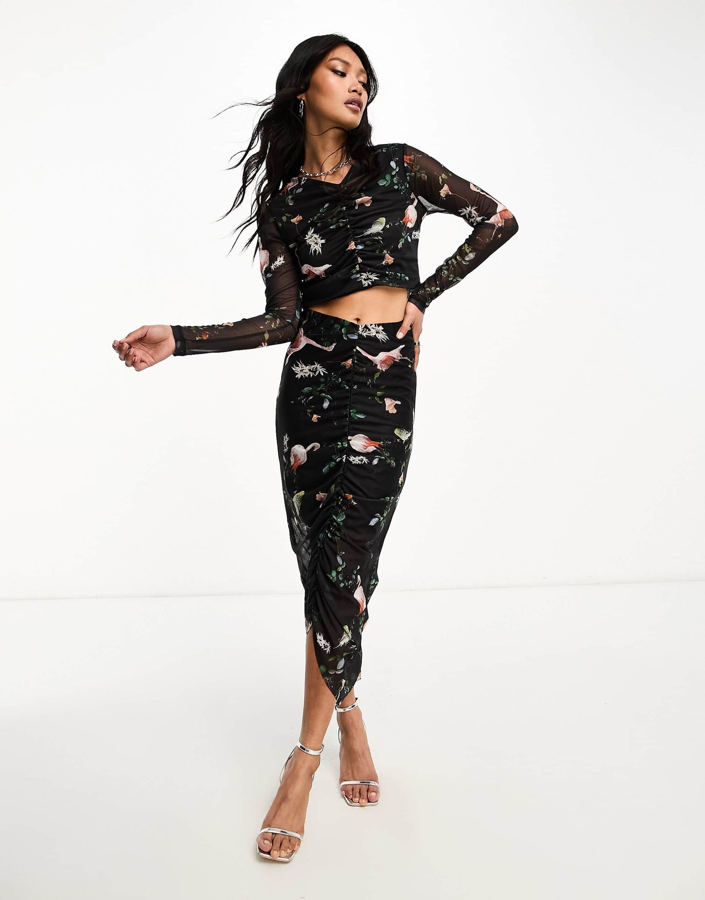 AllSaints Tessa co-ord printed mesh crop top in black