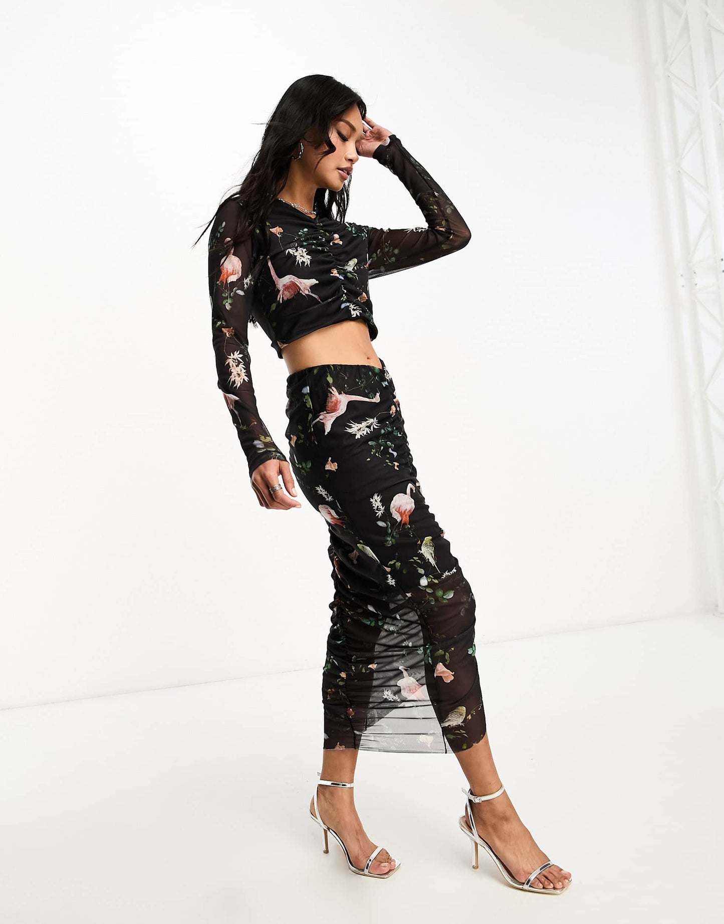 AllSaints Tessa co-ord printed mesh midi skirt in black