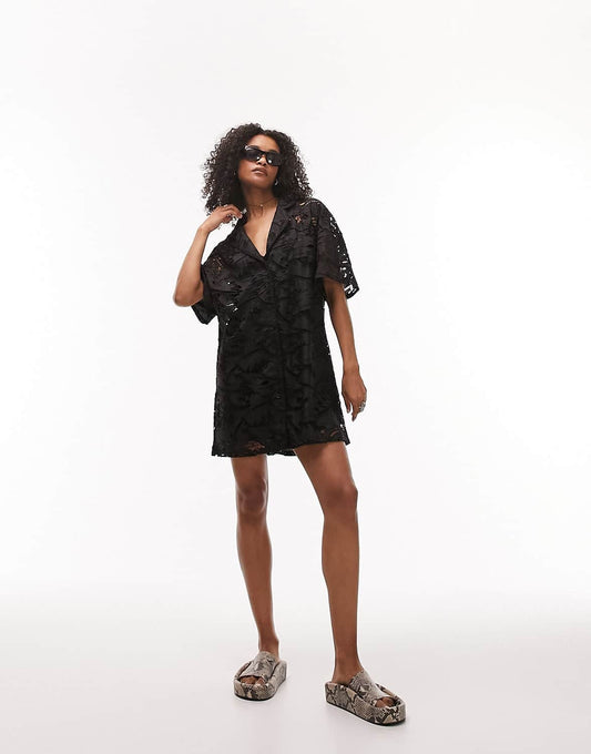 Topshop embroidered mini shirt dress in black