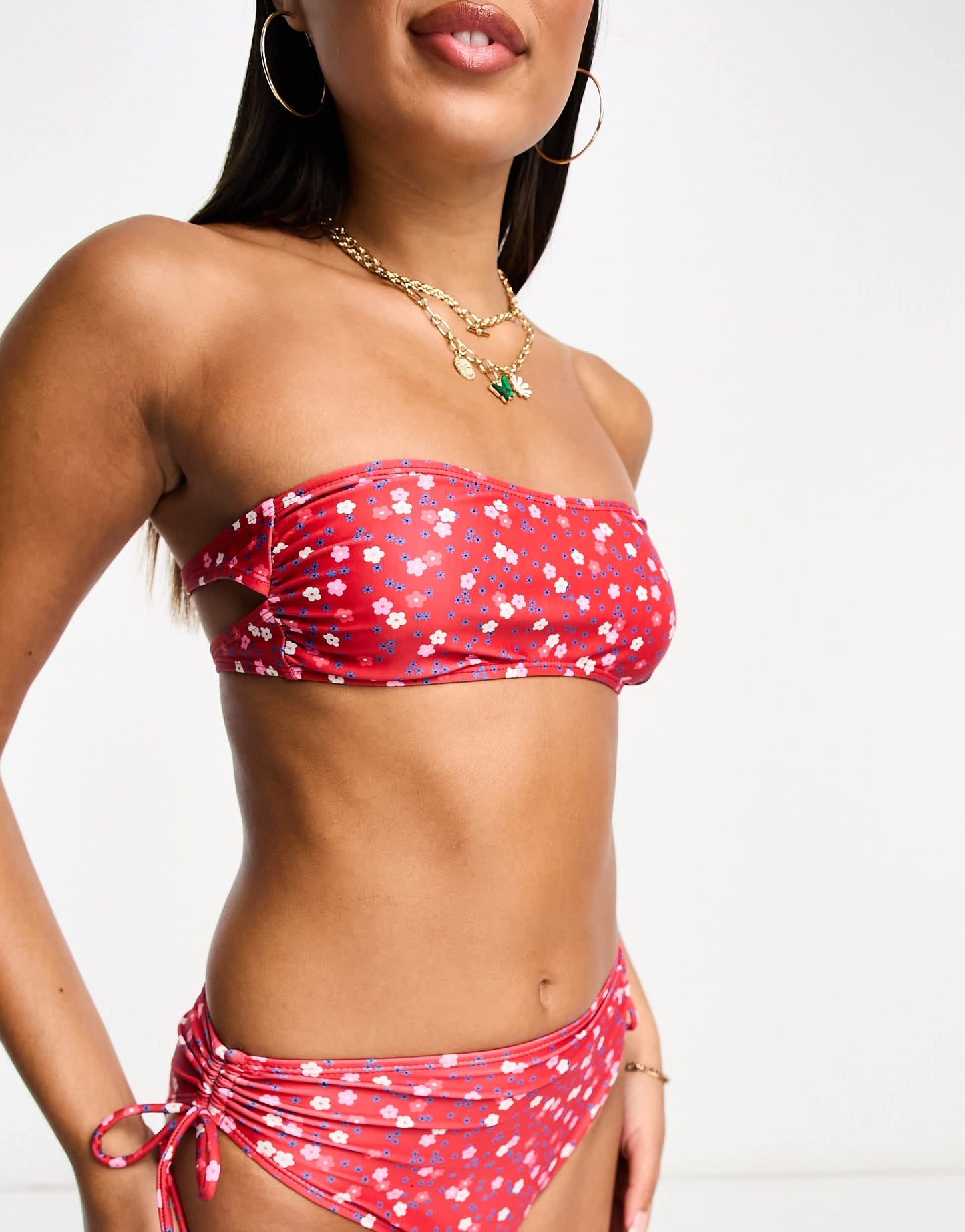 Playful Promises strapless tie back bikini top in red floral print