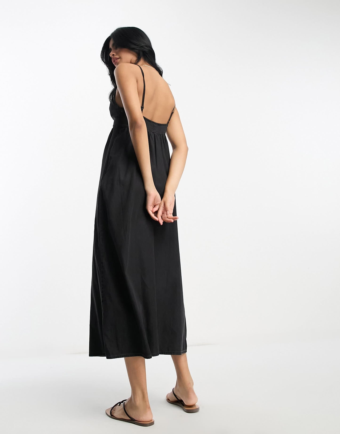 ASOS DESIGN soft denim maxi dress with strap back detail in washed black