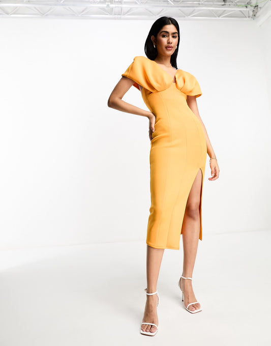 ASOS DESIGN plunge neck dropped shoulder pencil midi dress in marigold orange