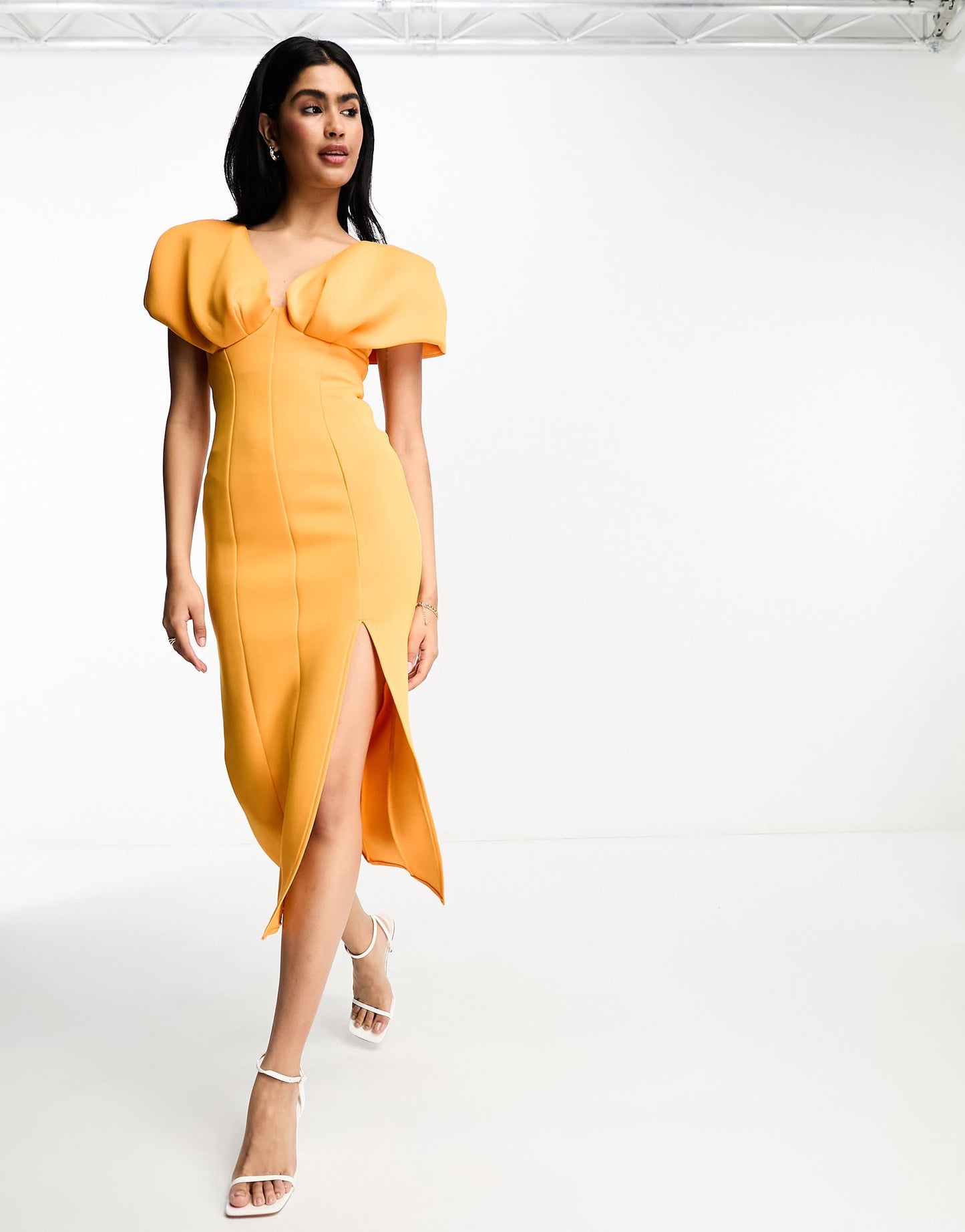 ASOS DESIGN plunge neck dropped shoulder pencil midi dress in marigold orange