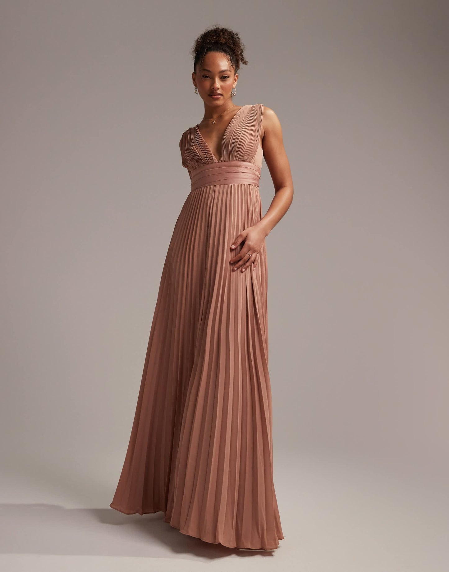 ASOS DESIGN Bridesmaid pleated cami maxi dress with satin wrap waist in mocha