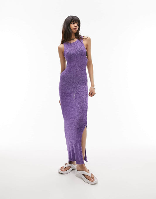 Topshop knitted tape yarn dress in purple
