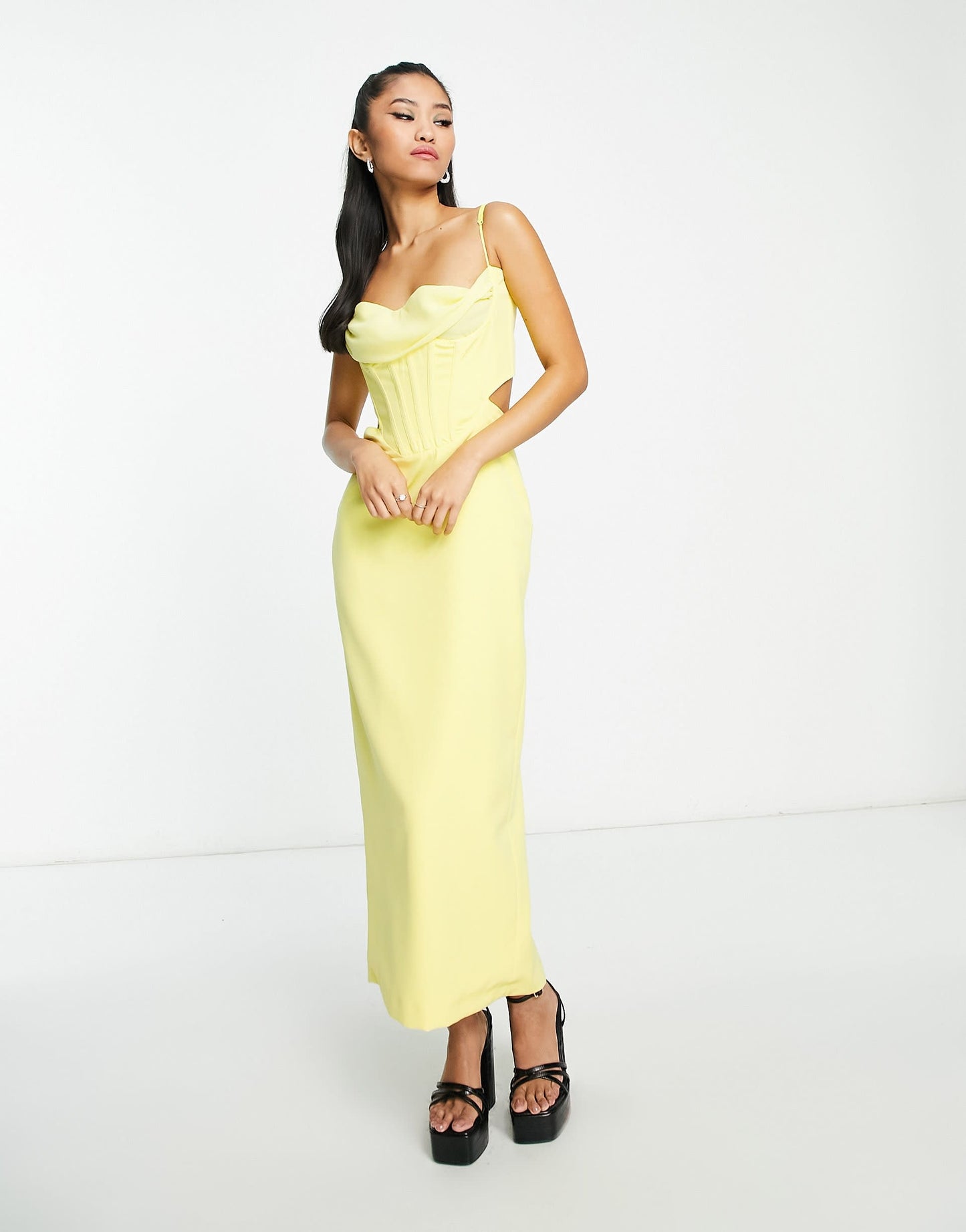 Bardot drape woven corset midaxi dress in lemon