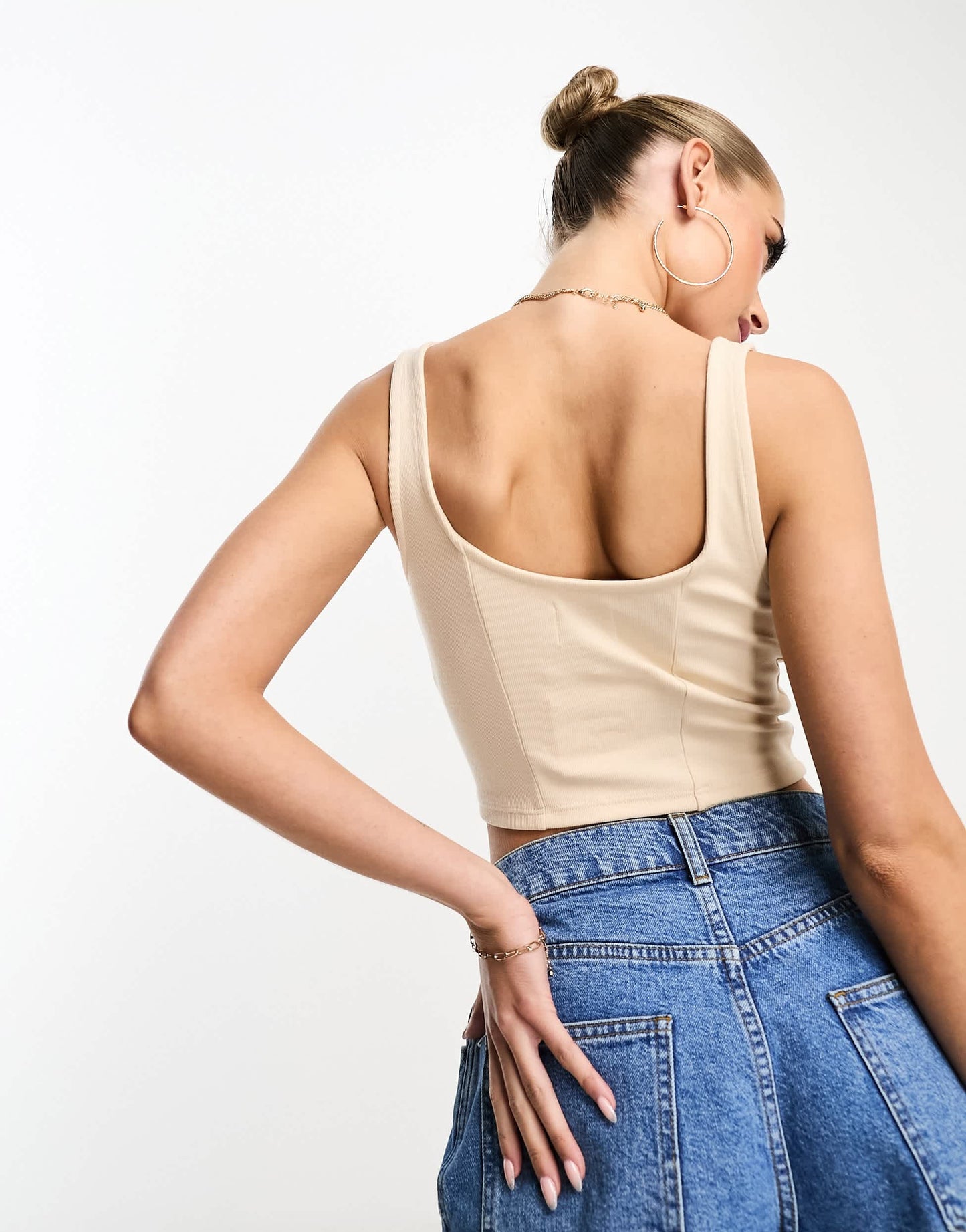 ASOS DESIGN lace up front ribbed corset top in buttermilk
