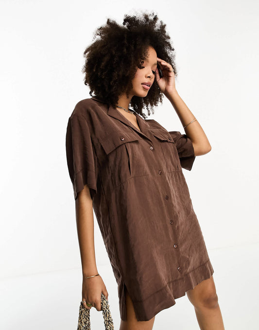 ASOS DESIGN utility pocket shirt dress in chocolate