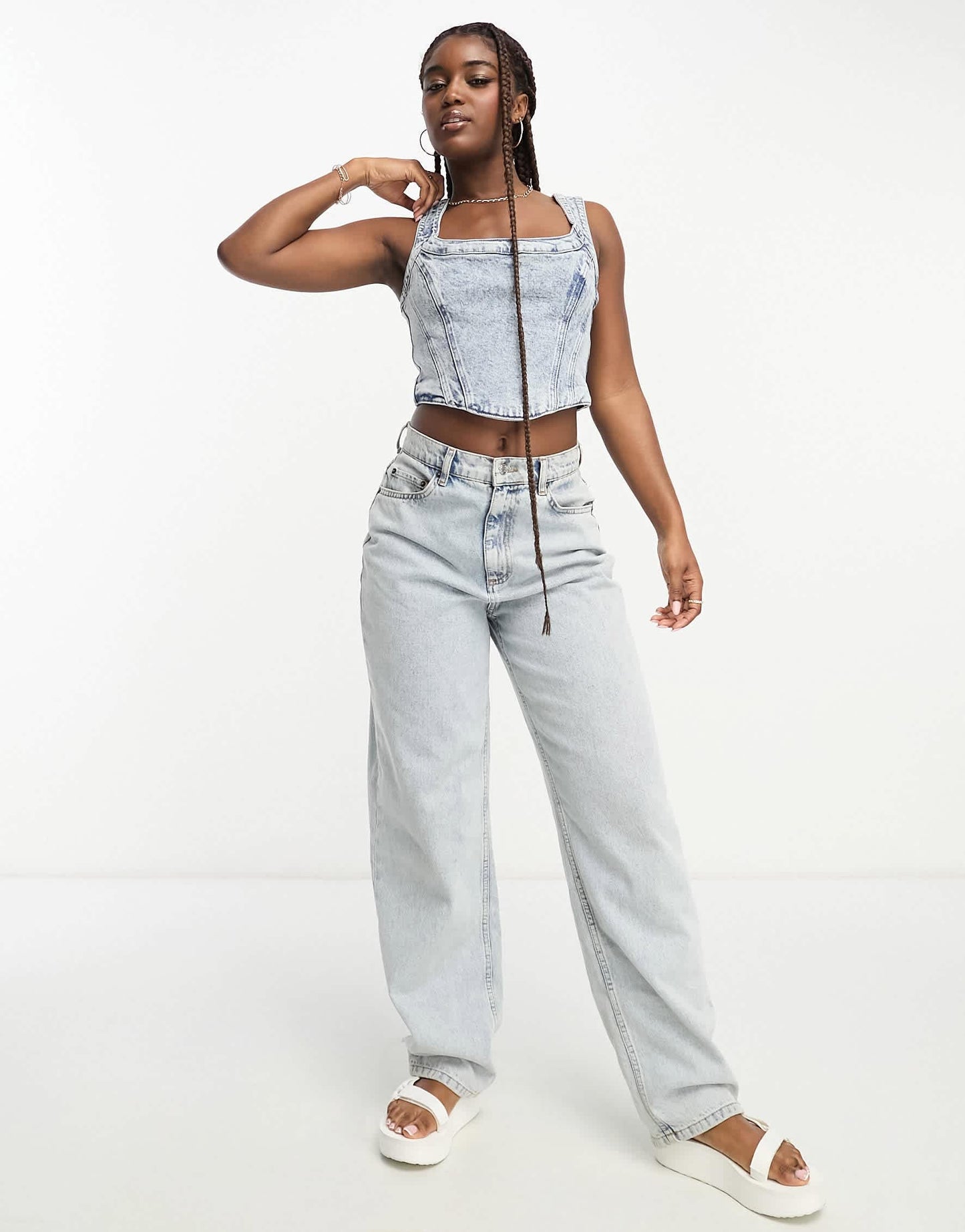 Allsaints Charli denim corset in mid wash