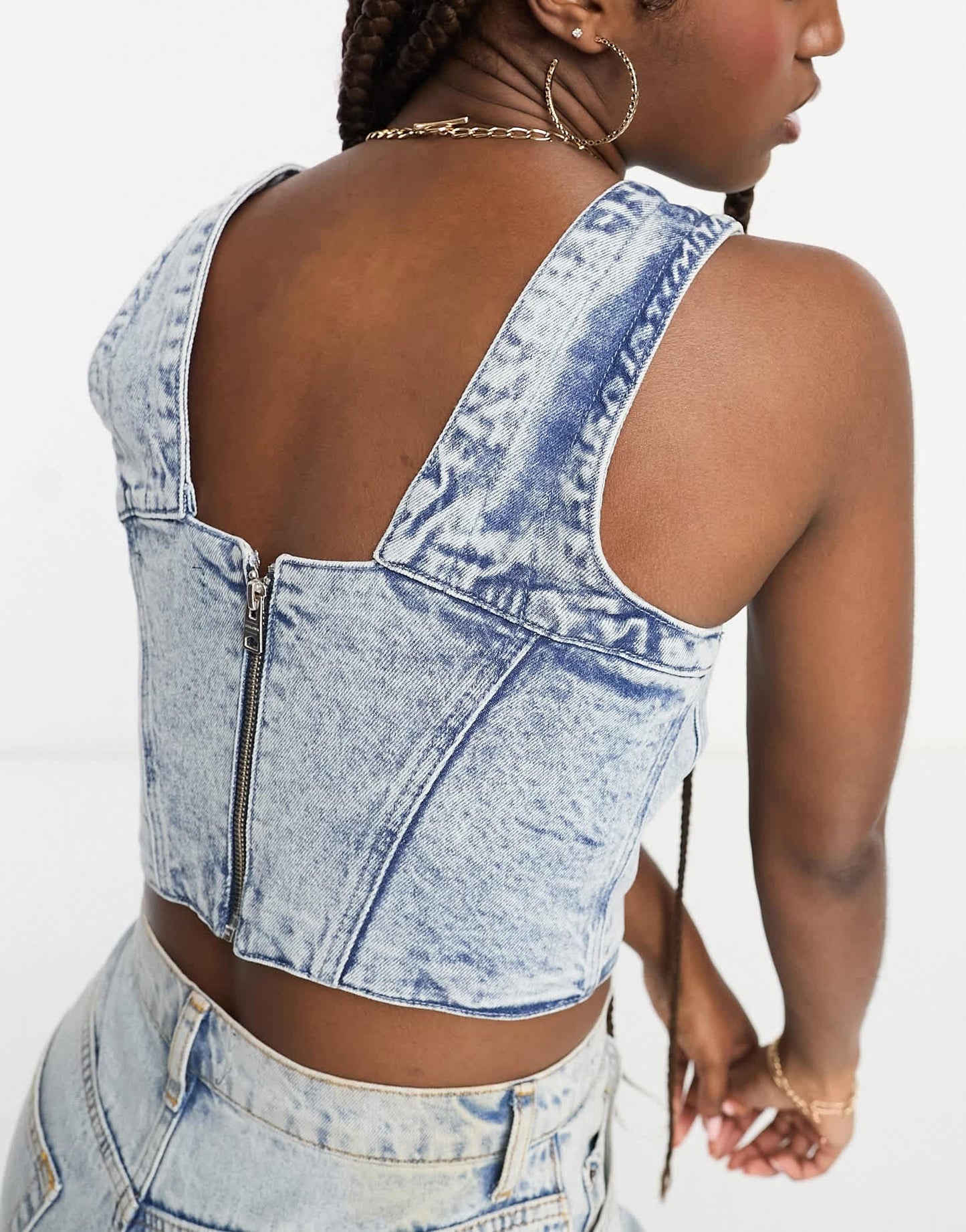 Allsaints Charli denim corset in mid wash
