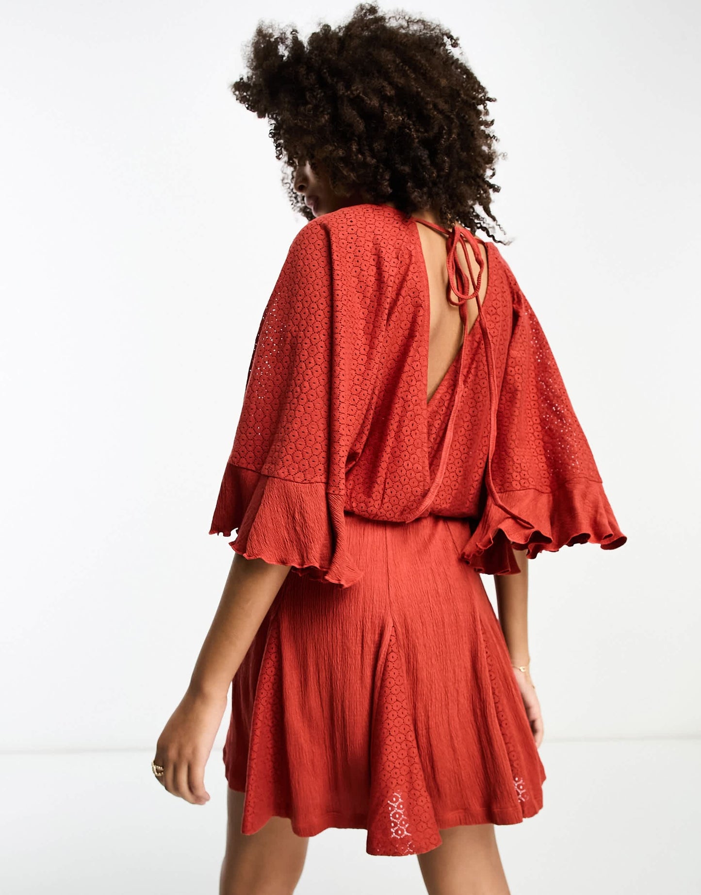 ASOS DESIGN crochet short sleeve wrap mini dress with buttons in rust