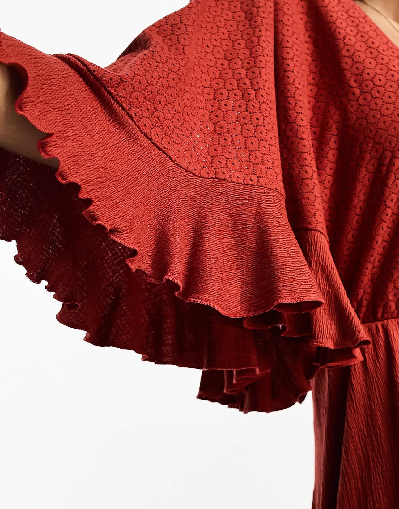 ASOS DESIGN crochet short sleeve wrap mini dress with buttons in rust