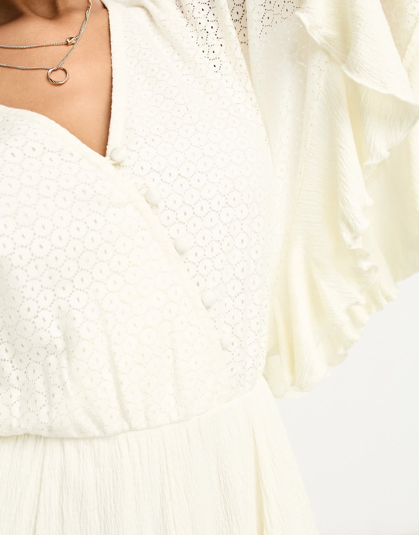 ASOS DESIGN crochet short sleeve wrap mini dress with buttons in cream