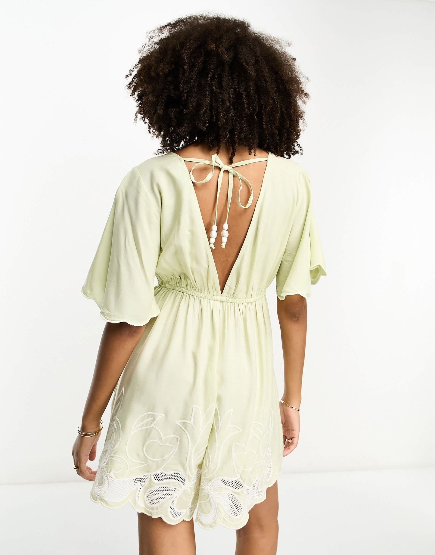 River Island embroidered cut out detail playsuit in light green
