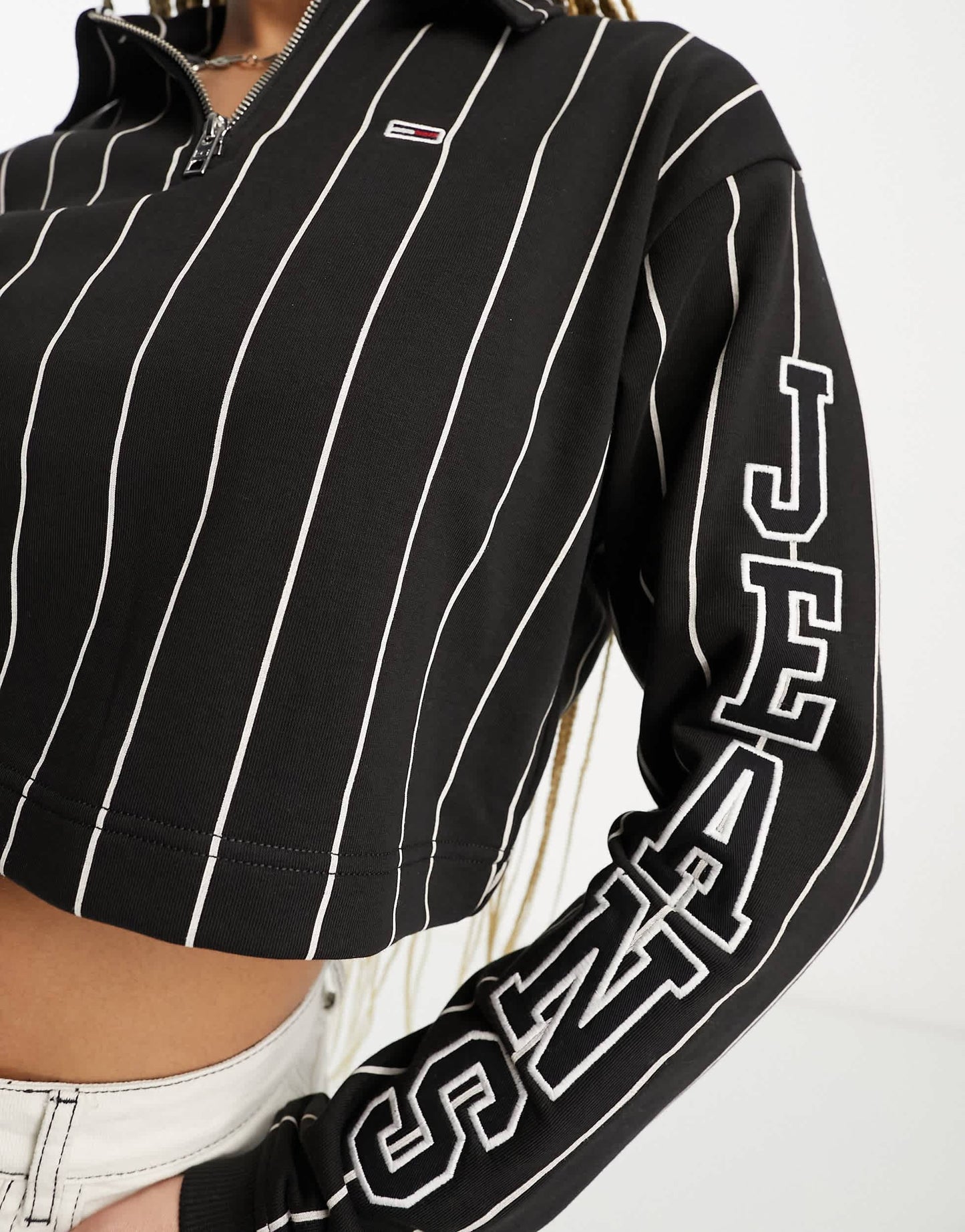 Tommy Jeans co-ord crop pinstripe 1/4 zip top in black