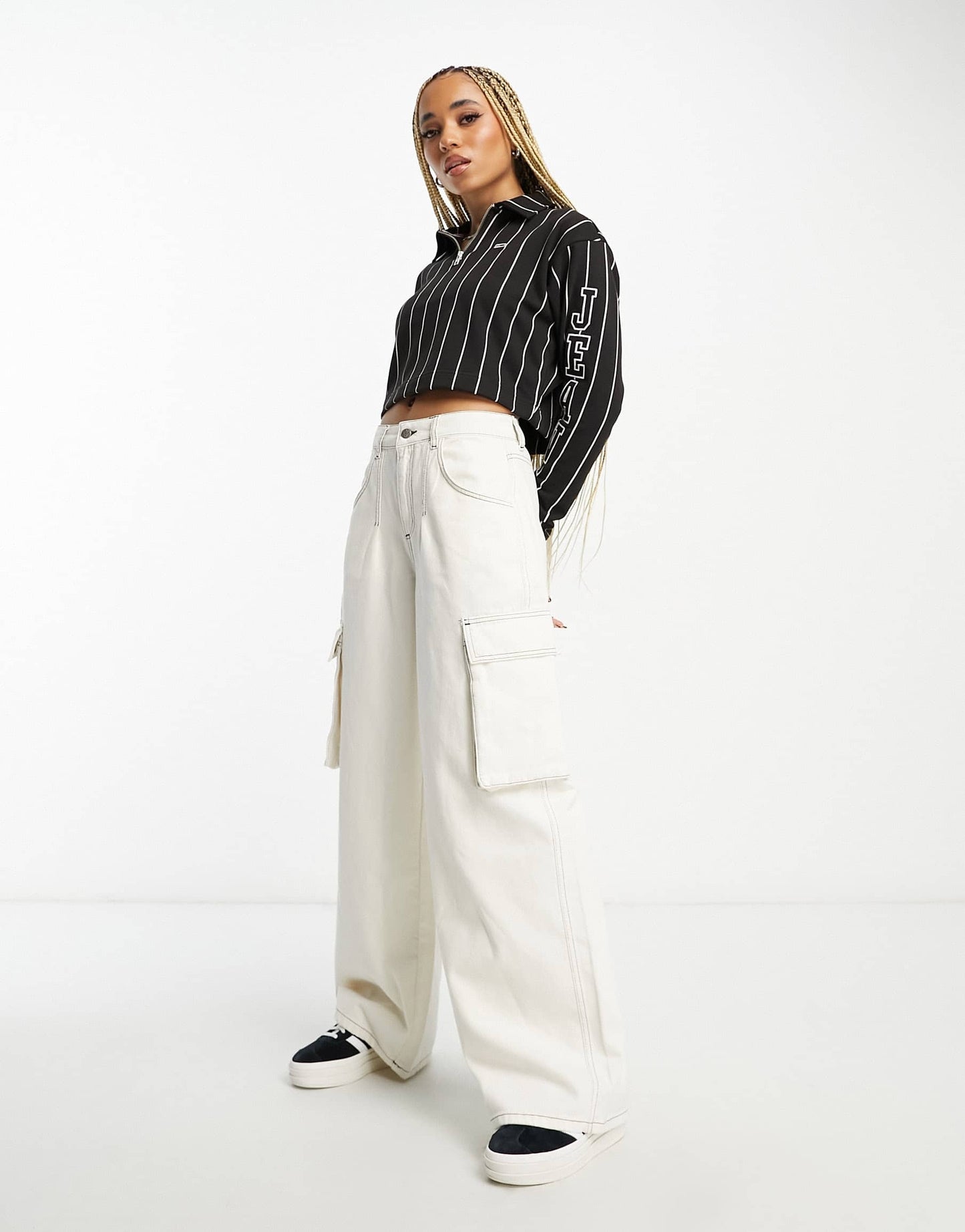 Tommy Jeans co-ord crop pinstripe 1/4 zip top in black